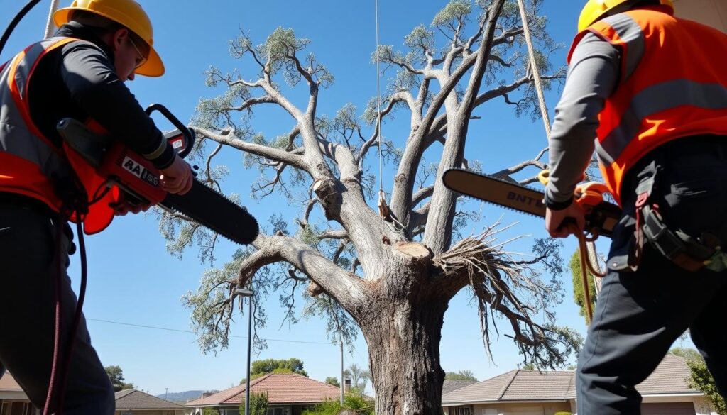 A professional tree removal team is carefully removing a large blue gum tree from a residential property in Centurion. In the foreground, two workers in bright safety vests and hard hats are using specialized equipment, such as chainsaws and ropes, showcasing a safe and organized process. The middle ground features the majestic blue gum tree partially cut, with branches neatly stacked nearby, emphasizing the attention to detail in the removal. The background reveals a clear blue sky and a suburban neighborhood, enhancing the feeling of a calm day. The lighting is bright and natural, capturing the essence of a sunny afternoon. The atmosphere conveys professionalism and safety, highlighting the importance of responsible tree removal practices. A professional tree removal team is carefully removing a large blue gum tree from a residential property in Centurion. In the foreground, two workers in bright safety vests and hard hats are using specialized equipment, such as chainsaws and ropes, showcasing a safe and organized process. The middle ground features the majestic blue gum tree partially cut, with branches neatly stacked nearby, emphasizing the attention to detail in the removal. The background reveals a clear blue sky and a suburban neighborhood, enhancing the feeling of a calm day. The lighting is bright and natural, capturing the essence of a sunny afternoon. The atmosphere conveys professionalism and safety, highlighting the importance of responsible tree removal practices.