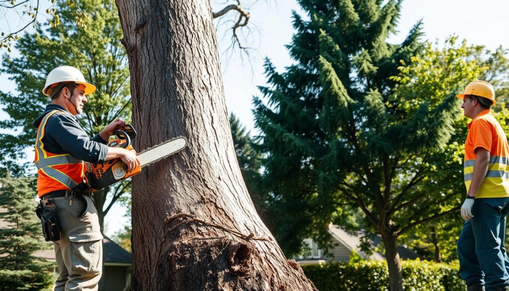 A professional tree removal team safely felling a dead tree in a residential area, showcasing the process with precision and care. In the foreground, a worker in a hard hat and safety gear uses a chainsaw to cut through the trunk, while another team member stands to the side, monitoring the fall. The middle layer features the large, aged tree, its bark rough and cracked, with branches slightly bent. In the background, there are healthy trees and greenery, contrasting the dead one being removed. The lighting is bright and natural, indicating mid-morning, providing clear visibility and emphasizing the professionalism of the task. The atmosphere is focused and efficient, illustrating a sense of teamwork and safety in tree removal. A professional tree removal team safely felling a dead tree in a residential area, showcasing the process with precision and care. In the foreground, a worker in a hard hat and safety gear uses a chainsaw to cut through the trunk, while another team member stands to the side, monitoring the fall. The middle layer features the large, aged tree, its bark rough and cracked, with branches slightly bent. In the background, there are healthy trees and greenery, contrasting the dead one being removed. The lighting is bright and natural, indicating mid-morning, providing clear visibility and emphasizing the professionalism of the task. The atmosphere is focused and efficient, illustrating a sense of teamwork and safety in tree removal.