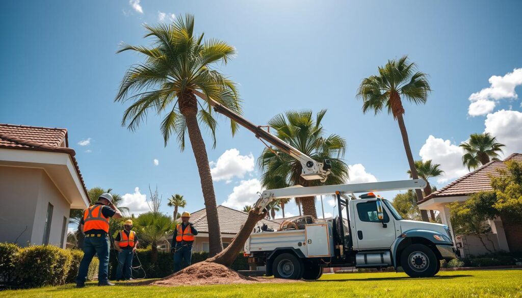 A professional tree removal team wearing safety gear, including helmets and gloves, works diligently in the foreground to remove a tall palm tree from a suburban yard. The palm tree, partially cut, leans precariously, with sawdust scattered around. In the middle ground, a modern truck equipped with tree removal tools is parked beside the house, and a skyline of other palm trees can be seen in the distance. The background features a clear blue sky with a few fluffy white clouds, illuminating the scene with bright, natural light. The atmosphere conveys a sense of urgency and professionalism, emphasizing the importance of tree species removal in residential areas. The angle is slightly elevated, offering a comprehensive view of the entire operation without any text or watermarks. A professional tree removal team wearing safety gear, including helmets and gloves, works diligently in the foreground to remove a tall palm tree from a suburban yard. The palm tree, partially cut, leans precariously, with sawdust scattered around. In the middle ground, a modern truck equipped with tree removal tools is parked beside the house, and a skyline of other palm trees can be seen in the distance. The background features a clear blue sky with a few fluffy white clouds, illuminating the scene with bright, natural light. The atmosphere conveys a sense of urgency and professionalism, emphasizing the importance of tree species removal in residential areas. The angle is slightly elevated, offering a comprehensive view of the entire operation without any text or watermarks.