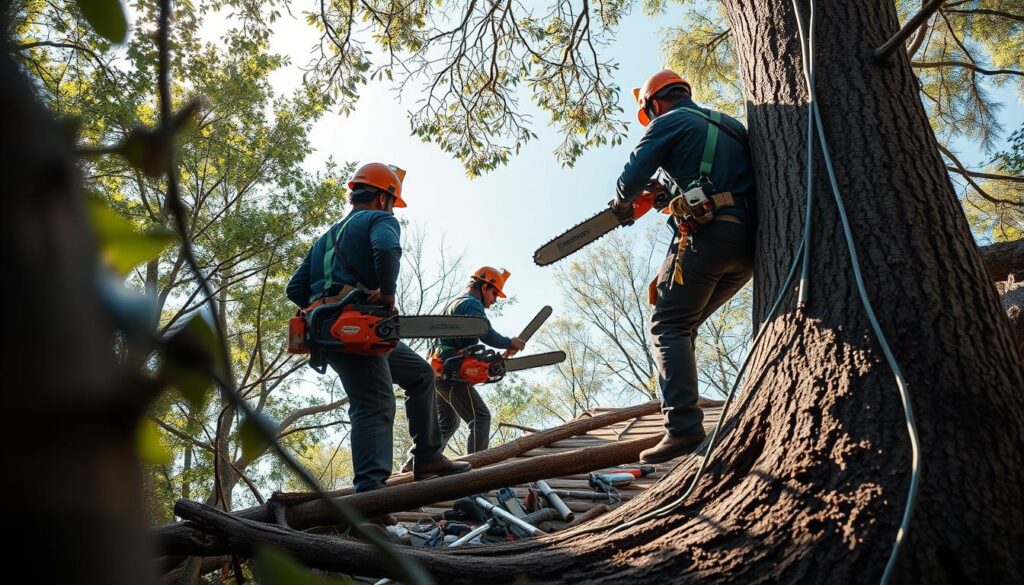 A professional tree removal team working in a confined space, focused on safety and expertise. In the foreground, two workers in professional business attire, wearing helmets and safety gear, are skillfully using chainsaws to remove branches from a tall tree. They are carefully maneuvering their equipment, emphasizing their qualified and insured status. The middle ground showcases a partially cleared area, with fallen branches and tools organized neatly around them. In the background, a clear blue sky peeks through the tree canopy, hinting at a well-managed workspace. Soft, natural sunlight filters through the leaves, creating a warm and inviting atmosphere, while maintaining a serious tone of safety compliance. The composition captures the essence of professionalism in challenging environments. A professional tree removal team working in a confined space, focused on safety and expertise. In the foreground, two workers in professional business attire, wearing helmets and safety gear, are skillfully using chainsaws to remove branches from a tall tree. They are carefully maneuvering their equipment, emphasizing their qualified and insured status. The middle ground showcases a partially cleared area, with fallen branches and tools organized neatly around them. In the background, a clear blue sky peeks through the tree canopy, hinting at a well-managed workspace. Soft, natural sunlight filters through the leaves, creating a warm and inviting atmosphere, while maintaining a serious tone of safety compliance. The composition captures the essence of professionalism in challenging environments.