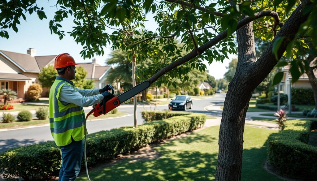 A professional tree removal team working safely in a residential yard in Centurion. In the foreground, a worker in a bright safety vest and hard hat is meticulously cutting a tree branch with a chainsaw, demonstrating careful technique. The middle ground features a well-maintained garden with trimmed hedges and colorful flowers, showcasing the property's appeal. In the background, a peaceful suburban neighborhood with houses lined along a quiet street under a clear blue sky emphasizes the idea of a desirable living area. Soft, natural lighting highlights the vibrant greens of the trees and the warmth of the homes, creating an inviting atmosphere that conveys professionalism and safety in tree work. A professional tree removal team working safely in a residential yard in Centurion. In the foreground, a worker in a bright safety vest and hard hat is meticulously cutting a tree branch with a chainsaw, demonstrating careful technique. The middle ground features a well-maintained garden with trimmed hedges and colorful flowers, showcasing the property's appeal. In the background, a peaceful suburban neighborhood with houses lined along a quiet street under a clear blue sky emphasizes the idea of a desirable living area. Soft, natural lighting highlights the vibrant greens of the trees and the warmth of the homes, creating an inviting atmosphere that conveys professionalism and safety in tree work.