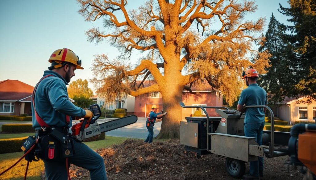 A professional tree service team engaged in oak tree removal, showcasing skilled workers in safety gear, including helmets and gloves. In the foreground, a tree technician uses a chainsaw to cut down a large, healthy oak tree, with branches falling gracefully to the ground. The middle ground features a second technician operating a wood chipper, creating a dynamic motion that highlights their expertise. In the background, a well-maintained suburban landscape in Centurion displays neatly trimmed gardens and houses, bathed in warm afternoon sunlight that casts soft shadows. The atmosphere conveys professionalism and trust, emphasizing the quality of service and the care taken in the process. Capture the scene from a slightly low angle to highlight the towering oak tree against the blue sky, ensuring a clear and detailed view. A professional tree service team engaged in oak tree removal, showcasing skilled workers in safety gear, including helmets and gloves. In the foreground, a tree technician uses a chainsaw to cut down a large, healthy oak tree, with branches falling gracefully to the ground. The middle ground features a second technician operating a wood chipper, creating a dynamic motion that highlights their expertise. In the background, a well-maintained suburban landscape in Centurion displays neatly trimmed gardens and houses, bathed in warm afternoon sunlight that casts soft shadows. The atmosphere conveys professionalism and trust, emphasizing the quality of service and the care taken in the process. Capture the scene from a slightly low angle to highlight the towering oak tree against the blue sky, ensuring a clear and detailed view.