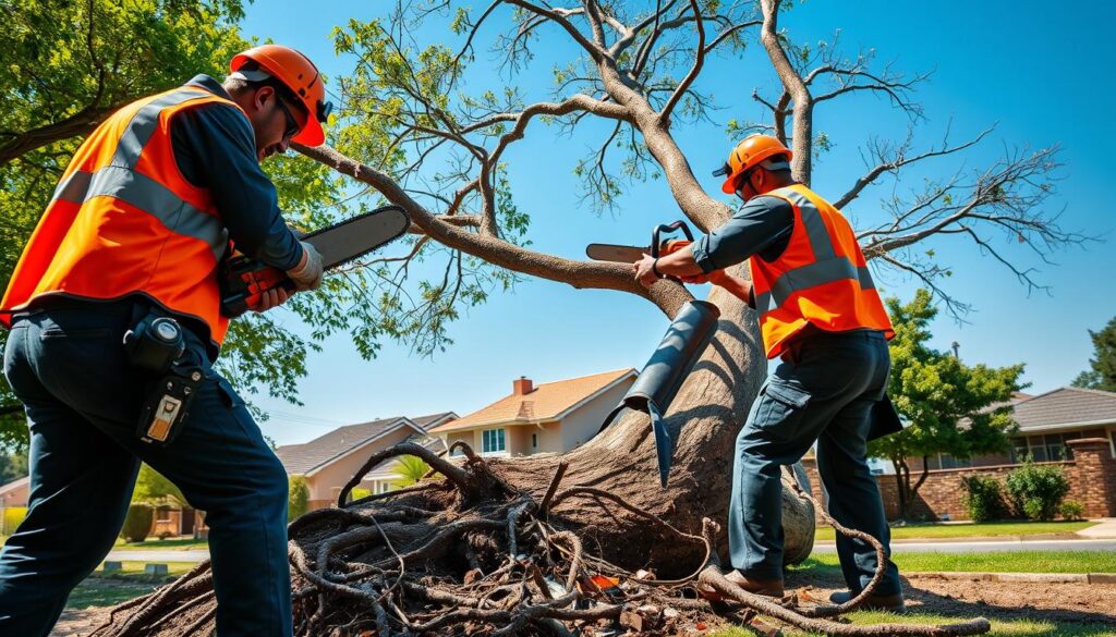 A professional tree service team in Centurion is actively engaging in emergency tree removal. In the foreground, two uniformed workers, dressed in bright orange safety vests and sturdy helmets, are cutting a large branch with a chainsaw. The middle ground features an uprooted tree, showcasing tangled roots and scattered debris. In the background, a suburban neighborhood is visible, with homes framed by lush greenery under a clear blue sky, indicating daytime. The scene is well-lit with natural sunlight, casting soft shadows that enhance depth. The atmosphere conveys urgency and professionalism, illustrating the dedication of emergency tree services offering fast, safe help at any hour. A professional tree service team in Centurion is actively engaging in emergency tree removal. In the foreground, two uniformed workers, dressed in bright orange safety vests and sturdy helmets, are cutting a large branch with a chainsaw. The middle ground features an uprooted tree, showcasing tangled roots and scattered debris. In the background, a suburban neighborhood is visible, with homes framed by lush greenery under a clear blue sky, indicating daytime. The scene is well-lit with natural sunlight, casting soft shadows that enhance depth. The atmosphere conveys urgency and professionalism, illustrating the dedication of emergency tree services offering fast, safe help at any hour.