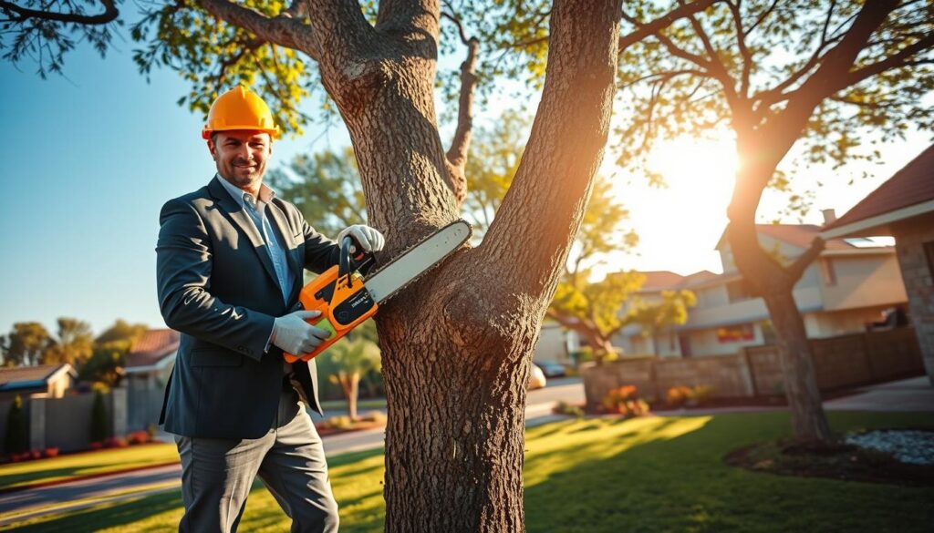 A professional tree specialist in business attire stands confidently in the foreground, using a chainsaw to carefully fell a large tree in a residential property in Eldoraigne, Centurion. The middle ground showcases a suburban landscape with neat lawns and well-maintained gardens, while the background reveals a tranquil neighborhood with sun-dappled trees under a clear blue sky. The lighting is bright and natural, casting soft shadows that enhance the details of the scene. The atmosphere conveys trust and professionalism, emphasizing the specialist's expertise in tree care and safety while mirroring the surrounding tranquility of the homes. The composition should evoke a sense of security and reliability in property service. A professional tree specialist in business attire stands confidently in the foreground, using a chainsaw to carefully fell a large tree in a residential property in Eldoraigne, Centurion. The middle ground showcases a suburban landscape with neat lawns and well-maintained gardens, while the background reveals a tranquil neighborhood with sun-dappled trees under a clear blue sky. The lighting is bright and natural, casting soft shadows that enhance the details of the scene. The atmosphere conveys trust and professionalism, emphasizing the specialist's expertise in tree care and safety while mirroring the surrounding tranquility of the homes. The composition should evoke a sense of security and reliability in property service.