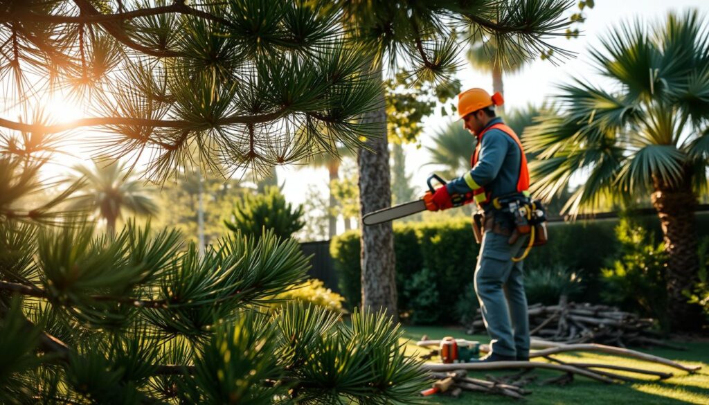 A professional tree trimmer, dressed in safety gear and a hard hat, is skillfully pruning a tall pine tree with a chainsaw in a lush garden. In the foreground, detailed branches and green needles of the pine create a natural frame. The middle ground features the tree trimmer, focused on his task, surrounded by fallen tree branches and tools scattered on the ground, emphasizing the pruning process. In the background, various other tree species, like palms and eucalyptus, can be seen in soft focus under bright, sunny skies, casting gentle shadows. The scene is bathed in warm, natural light, evoking a sense of productivity and care in landscape maintenance, with a calm and professional atmosphere. A professional tree trimmer, dressed in safety gear and a hard hat, is skillfully pruning a tall pine tree with a chainsaw in a lush garden. In the foreground, detailed branches and green needles of the pine create a natural frame. The middle ground features the tree trimmer, focused on his task, surrounded by fallen tree branches and tools scattered on the ground, emphasizing the pruning process. In the background, various other tree species, like palms and eucalyptus, can be seen in soft focus under bright, sunny skies, casting gentle shadows. The scene is bathed in warm, natural light, evoking a sense of productivity and care in landscape maintenance, with a calm and professional atmosphere.