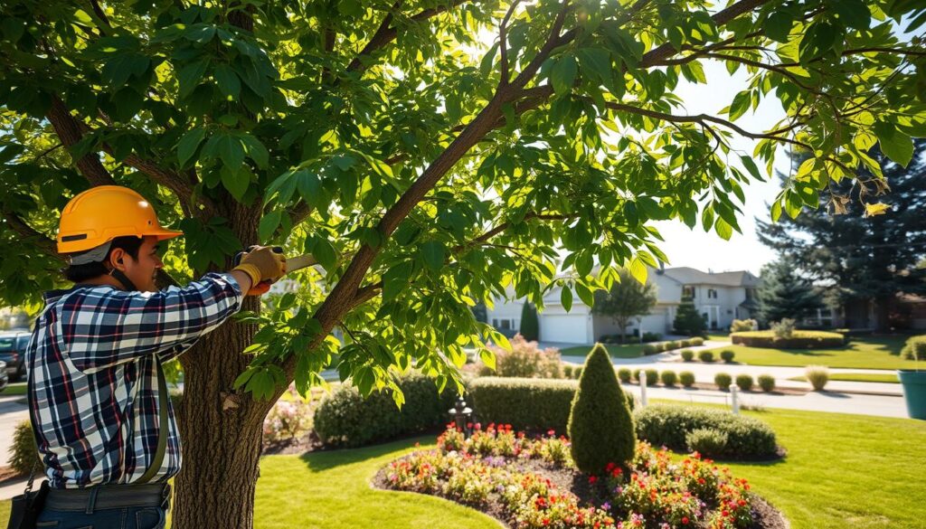 A professional tree trimmer is carefully pruning a large, lush green tree in a suburban landscape. In the foreground, the trimmer, dressed in a safety helmet and work gloves, grips a pruning saw, skillfully removing dead branches. Bright sunlight filters through the leaves, creating dappled shadows on the ground. In the middle ground, a vibrant garden is visible, with colorful flowers blooming around the base of the tree, symbolizing the beauty of well-maintained landscaping. In the background, a serene suburban neighborhood is depicted, featuring charming homes and neatly kept lawns. The scene conveys a sense of tranquility and care, showcasing the importance of tree trimming in preserving the landscape's beauty. The image captures a bright, clear day with high contrast lighting to emphasize the lush greenery and the detailed textures of the tree. A professional tree trimmer is carefully pruning a large, lush green tree in a suburban landscape. In the foreground, the trimmer, dressed in a safety helmet and work gloves, grips a pruning saw, skillfully removing dead branches. Bright sunlight filters through the leaves, creating dappled shadows on the ground. In the middle ground, a vibrant garden is visible, with colorful flowers blooming around the base of the tree, symbolizing the beauty of well-maintained landscaping. In the background, a serene suburban neighborhood is depicted, featuring charming homes and neatly kept lawns. The scene conveys a sense of tranquility and care, showcasing the importance of tree trimming in preserving the landscape's beauty. The image captures a bright, clear day with high contrast lighting to emphasize the lush greenery and the detailed textures of the tree.