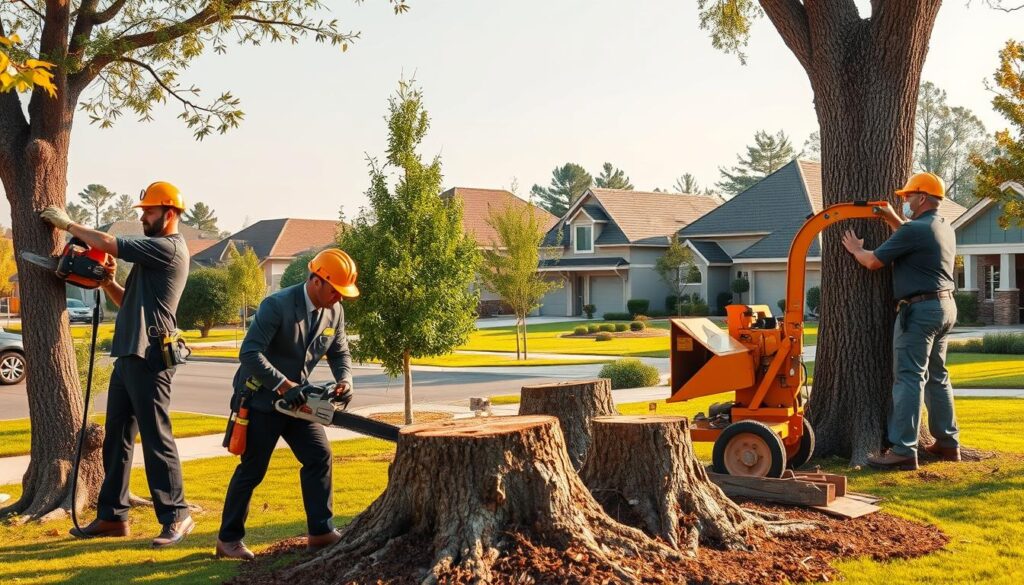 A professionally designed tree service team performing their core tasks in the foreground, featuring three individuals in business attire: one using a chainsaw for tree trimming, another safely using a rope to climb a tree for pruning, and a third operating a wood chipper. The middle ground showcases healthy, well-maintained trees and stumps, emphasizing the quality of the services provided, while the background displays a suburban landscape of Centurion, with clean, modern homes and green lawns bathed in warm, golden sunlight. The scene should evoke a sense of safety, professionalism, and environmental care, captured from a slightly elevated angle to emphasize both the team and the surrounding landscape. The overall mood is vibrant and industrious, highlighting the expertise of the tree service team. A professionally designed tree service team performing their core tasks in the foreground, featuring three individuals in business attire: one using a chainsaw for tree trimming, another safely using a rope to climb a tree for pruning, and a third operating a wood chipper. The middle ground showcases healthy, well-maintained trees and stumps, emphasizing the quality of the services provided, while the background displays a suburban landscape of Centurion, with clean, modern homes and green lawns bathed in warm, golden sunlight. The scene should evoke a sense of safety, professionalism, and environmental care, captured from a slightly elevated angle to emphasize both the team and the surrounding landscape. The overall mood is vibrant and industrious, highlighting the expertise of the tree service team.