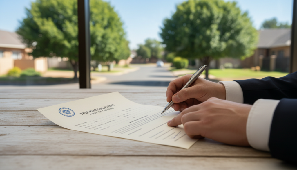 A realistic image depicting a removal permit in Centurion, South Africa. In the foreground, a distinct, official-looking removal permit document lies on a wooden table, featuring the City of Tshwane logo prominently at the top. The middle ground includes a pair of hands in professional business attire, carefully reviewing the permit, pen poised to sign. In the background, subtle hints of a serene neighborhood with a few trees can be seen, suggesting the natural environment where permission is often required. The scene is illuminated by soft, natural lighting coming from a window nearby, creating a calm and informative atmosphere. Capture the essence of legality and responsibility in tree removal in an urban setting, ensuring the composition is balanced and clear. A realistic image depicting a removal permit in Centurion, South Africa. In the foreground, a distinct, official-looking removal permit document lies on a wooden table, featuring the City of Tshwane logo prominently at the top. The middle ground includes a pair of hands in professional business attire, carefully reviewing the permit, pen poised to sign. In the background, subtle hints of a serene neighborhood with a few trees can be seen, suggesting the natural environment where permission is often required. The scene is illuminated by soft, natural lighting coming from a window nearby, creating a calm and informative atmosphere. Capture the essence of legality and responsibility in tree removal in an urban setting, ensuring the composition is balanced and clear.