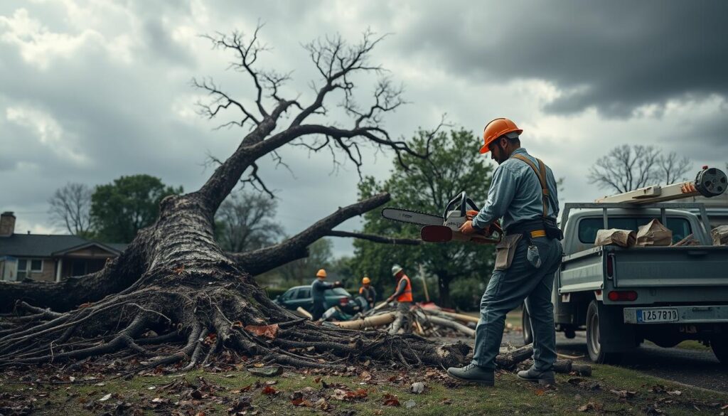 A scene depicting an emergency tree cutting operation after a storm. In the foreground, a professional arborist in a hard hat and safety gear expertly operates a chainsaw, focused on a large, fallen tree, its roots exposed and branches scattered. The middle ground showcases a crew working diligently, clearing debris and assessing damage, with a truck parked nearby, loaded with equipment. The background features a stormy, gray sky with remnants of rain, casting dramatic shadows across the landscape. The atmosphere is tense yet purposeful, capturing the urgency of the scene. Soft, diffused lighting highlights the action while reflecting the aftermath of a storm. The angle is slightly elevated, providing a panoramic view of the chaos and teamwork involved in emergency tree cutting. A scene depicting an emergency tree cutting operation after a storm. In the foreground, a professional arborist in a hard hat and safety gear expertly operates a chainsaw, focused on a large, fallen tree, its roots exposed and branches scattered. The middle ground showcases a crew working diligently, clearing debris and assessing damage, with a truck parked nearby, loaded with equipment. The background features a stormy, gray sky with remnants of rain, casting dramatic shadows across the landscape. The atmosphere is tense yet purposeful, capturing the urgency of the scene. Soft, diffused lighting highlights the action while reflecting the aftermath of a storm. The angle is slightly elevated, providing a panoramic view of the chaos and teamwork involved in emergency tree cutting.