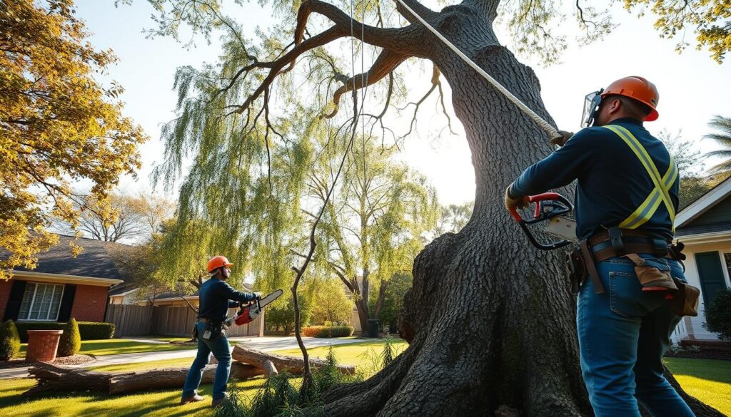 A scene depicting professional tree removal in a suburban setting, showcasing a large, healthy tree being felled. In the foreground, two skilled workers in safety gear, including helmets and gloves, are operating a chainsaw and guiding the tree's descent with ropes. The middle ground features tree trunks and branches being carefully maneuvered away from nearby structures, hinting at the precision required. The background captures a clear, sunny day with a blue sky and a well-maintained yard, emphasizing the residential environment. Soft, dappled sunlight filters through the leaves, casting gentle shadows on the ground. The overall mood is focused and industrious, reflecting the necessity of tree removal for safety and maintenance. A scene depicting professional tree removal in a suburban setting, showcasing a large, healthy tree being felled. In the foreground, two skilled workers in safety gear, including helmets and gloves, are operating a chainsaw and guiding the tree's descent with ropes. The middle ground features tree trunks and branches being carefully maneuvered away from nearby structures, hinting at the precision required. The background captures a clear, sunny day with a blue sky and a well-maintained yard, emphasizing the residential environment. Soft, dappled sunlight filters through the leaves, casting gentle shadows on the ground. The overall mood is focused and industrious, reflecting the necessity of tree removal for safety and maintenance.