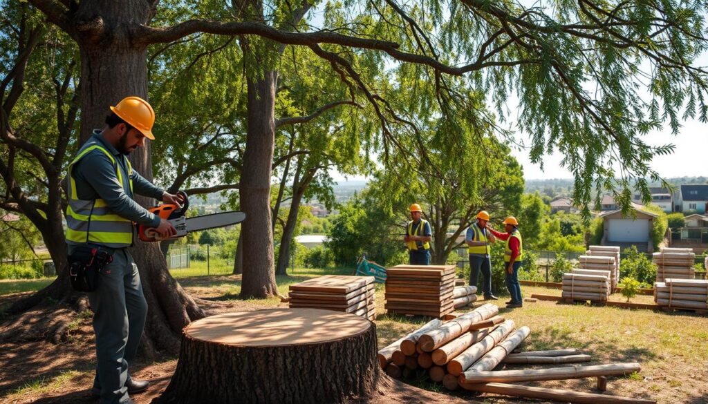 A scenic landscape depicting a professional tree felling operation in a suburban area of Centurion. In the foreground, a skilled arborist in professional attire uses a chainsaw to carefully cut down a mature tree, ensuring safety and precision. In the middle ground, neatly stacked logs await transport, while additional arborists supervise and measure tree thickness, highlighting the logistical process of pricing tree felling services. The background features a mix of green foliage and distant residential homes, reflecting a harmonious community. Soft, natural sunlight filters through the branches, casting gentle shadows on the ground, creating an atmosphere of calm professionalism and efficiency. The image captures the essence of cost factors in tree cutting, emphasizing both artistry and practicality in a serene setting. A scenic landscape depicting a professional tree felling operation in a suburban area of Centurion. In the foreground, a skilled arborist in professional attire uses a chainsaw to carefully cut down a mature tree, ensuring safety and precision. In the middle ground, neatly stacked logs await transport, while additional arborists supervise and measure tree thickness, highlighting the logistical process of pricing tree felling services. The background features a mix of green foliage and distant residential homes, reflecting a harmonious community. Soft, natural sunlight filters through the branches, casting gentle shadows on the ground, creating an atmosphere of calm professionalism and efficiency. The image captures the essence of cost factors in tree cutting, emphasizing both artistry and practicality in a serene setting.