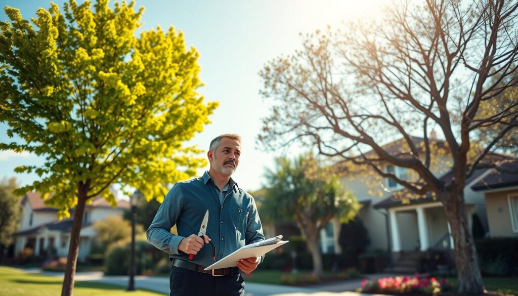 A scenic urban landscape depicting a professional tree care expert analyzing two trees, showcasing a healthy tree on the left needing a trim and a larger tree on the right that needs felling. In the foreground, the tree care expert, dressed in professional attire, holds pruning shears, with a clipboard in hand, looking thoughtfully at the trees. The middle ground features the two trees, showcasing their different states: bright green foliage on the trimmed tree and darkened, overgrown branches on the other. The background shows a suburban neighborhood with neatly kept houses and vibrant gardens under a clear blue sky, illuminated by soft, warm sunlight creating a welcoming atmosphere. The angle of the scene is slightly downward, enhancing the focus on the trees and expert. A scenic urban landscape depicting a professional tree care expert analyzing two trees, showcasing a healthy tree on the left needing a trim and a larger tree on the right that needs felling. In the foreground, the tree care expert, dressed in professional attire, holds pruning shears, with a clipboard in hand, looking thoughtfully at the trees. The middle ground features the two trees, showcasing their different states: bright green foliage on the trimmed tree and darkened, overgrown branches on the other. The background shows a suburban neighborhood with neatly kept houses and vibrant gardens under a clear blue sky, illuminated by soft, warm sunlight creating a welcoming atmosphere. The angle of the scene is slightly downward, enhancing the focus on the trees and expert.