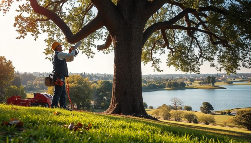 A scenic view capturing the essence of tree removal services in Centurion, featuring a skilled arborist in professional attire safely using a chainsaw to remove a large, overhanging branch. In the foreground, vibrant green grass and a few fallen leaves accentuate the area, while in the middle ground, the tree stands tall, surrounded by equipment like a wood chipper and ropes. Beyond, the serene waters of Centurion Lake shimmer under soft, warm sunlight, with lush greenery from nearby parks and the outline of the Irene neighborhood. In the distance, the Centurion Lake Golf Course is visible, adding a touch of leisure to the scene. The overall atmosphere is calm yet industrious, highlighting the balance of nature and human intervention in maintaining safety along key routes. A scenic view capturing the essence of tree removal services in Centurion, featuring a skilled arborist in professional attire safely using a chainsaw to remove a large, overhanging branch. In the foreground, vibrant green grass and a few fallen leaves accentuate the area, while in the middle ground, the tree stands tall, surrounded by equipment like a wood chipper and ropes. Beyond, the serene waters of Centurion Lake shimmer under soft, warm sunlight, with lush greenery from nearby parks and the outline of the Irene neighborhood. In the distance, the Centurion Lake Golf Course is visible, adding a touch of leisure to the scene. The overall atmosphere is calm yet industrious, highlighting the balance of nature and human intervention in maintaining safety along key routes.