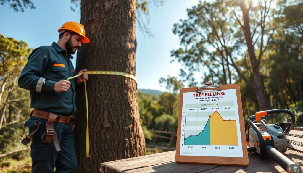 A serene South African landscape featuring a skilled tree feller in the foreground, dressed in professional work attire, carefully measuring a large tree with a tape measure, symbolizing the assessment of tree felling costs. In the middle ground, a wooden clipboard with a chart displaying realistic price ranges for tree felling in 2026 is placed on a rustic workbench, surrounded by tools like a chainsaw and safety gear. The background showcases a lush forest with a clear blue sky, sunlight filtering through the leaves, creating a warm and inviting atmosphere. The scene is captured from a slightly elevated angle, emphasizing the peaceful coexistence of nature and professional expertise, evoking a sense of trust and professionalism in tree felling services. A serene South African landscape featuring a skilled tree feller in the foreground, dressed in professional work attire, carefully measuring a large tree with a tape measure, symbolizing the assessment of tree felling costs. In the middle ground, a wooden clipboard with a chart displaying realistic price ranges for tree felling in 2026 is placed on a rustic workbench, surrounded by tools like a chainsaw and safety gear. The background showcases a lush forest with a clear blue sky, sunlight filtering through the leaves, creating a warm and inviting atmosphere. The scene is captured from a slightly elevated angle, emphasizing the peaceful coexistence of nature and professional expertise, evoking a sense of trust and professionalism in tree felling services.