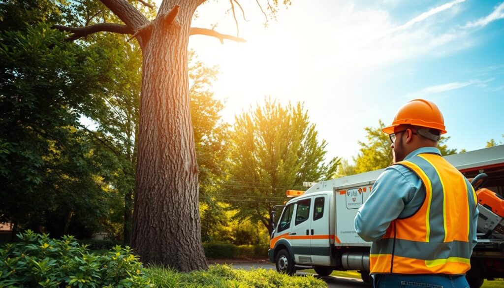 A serene and professional scene depicting a fully insured tree removal service in action. In the foreground, a qualified technician in a reflective safety vest and hard hat expertly assesses a large, dead tree, demonstrating determination and expertise. In the middle ground, a modern tree removal truck is parked, showcasing professional equipment like chainsaws and safety tools. Surrounding the scene, lush greenery and healthy trees provide a vibrant contrast. The background features a clear blue sky with soft, warm sunlight filtering through, creating an inviting and trustworthy atmosphere. The image is captured from a slightly elevated angle, emphasizing the professionalism of the service and the importance of safety in tree removal. The overall mood conveys reliability and a sense of community trust. A serene and professional scene depicting a fully insured tree removal service in action. In the foreground, a qualified technician in a reflective safety vest and hard hat expertly assesses a large, dead tree, demonstrating determination and expertise. In the middle ground, a modern tree removal truck is parked, showcasing professional equipment like chainsaws and safety tools. Surrounding the scene, lush greenery and healthy trees provide a vibrant contrast. The background features a clear blue sky with soft, warm sunlight filtering through, creating an inviting and trustworthy atmosphere. The image is captured from a slightly elevated angle, emphasizing the professionalism of the service and the importance of safety in tree removal. The overall mood conveys reliability and a sense of community trust.