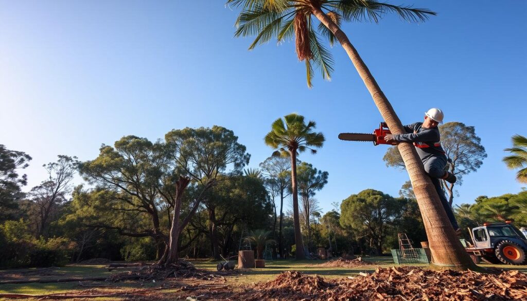 A serene and professional scene depicting a tree species removal service in Centurion. In the foreground, a focused arborist in professional attire is skillfully felling a tall palm tree with a chainsaw. The middle ground features a mix of pine and gum trees being carefully removed, with wood chips and equipment scattered around, showcasing a well-organized worksite. In the background, a clear blue sky contrasts with the lush green foliage, casting soft, dappled sunlight over the scene. The atmosphere is calm yet industrious, highlighting the efficiency and care that goes into safe tree removal for homes and businesses. The angle is slightly elevated to capture the breadth of the operation, emphasizing the professional approach of the team at work. A serene and professional scene depicting a tree species removal service in Centurion. In the foreground, a focused arborist in professional attire is skillfully felling a tall palm tree with a chainsaw. The middle ground features a mix of pine and gum trees being carefully removed, with wood chips and equipment scattered around, showcasing a well-organized worksite. In the background, a clear blue sky contrasts with the lush green foliage, casting soft, dappled sunlight over the scene. The atmosphere is calm yet industrious, highlighting the efficiency and care that goes into safe tree removal for homes and businesses. The angle is slightly elevated to capture the breadth of the operation, emphasizing the professional approach of the team at work.