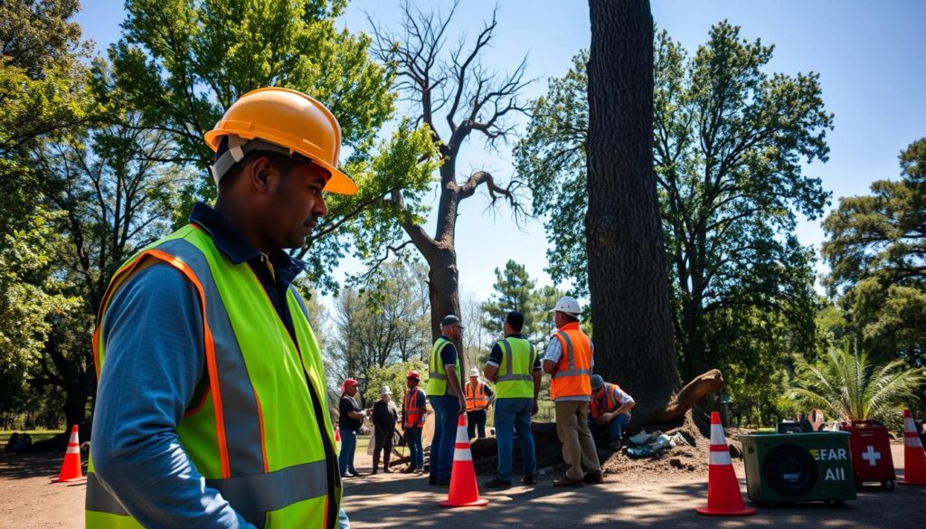 A serene and well-organized tree felling site in Hennopspark, Centurion, during a bright, sunny day. In the foreground, a safety-conscious professional, wearing a hard hat and high-visibility workwear, inspects safety equipment and safety signage. In the middle ground, a group of workers, also in protective gear, are carefully examining a tall tree, planning the felling process. Surrounding them, lush green trees and a clear blue sky emphasize a safe working environment. The background features a few orange safety cones and a portable first-aid kit, highlighting the standard safety measures. Soft, natural lighting casts gentle shadows, enhancing the professional atmosphere of safety and preparedness. The scene conveys a mood of diligence, care, and respect for safety standards. A serene and well-organized tree felling site in Hennopspark, Centurion, during a bright, sunny day. In the foreground, a safety-conscious professional, wearing a hard hat and high-visibility workwear, inspects safety equipment and safety signage. In the middle ground, a group of workers, also in protective gear, are carefully examining a tall tree, planning the felling process. Surrounding them, lush green trees and a clear blue sky emphasize a safe working environment. The background features a few orange safety cones and a portable first-aid kit, highlighting the standard safety measures. Soft, natural lighting casts gentle shadows, enhancing the professional atmosphere of safety and preparedness. The scene conveys a mood of diligence, care, and respect for safety standards.