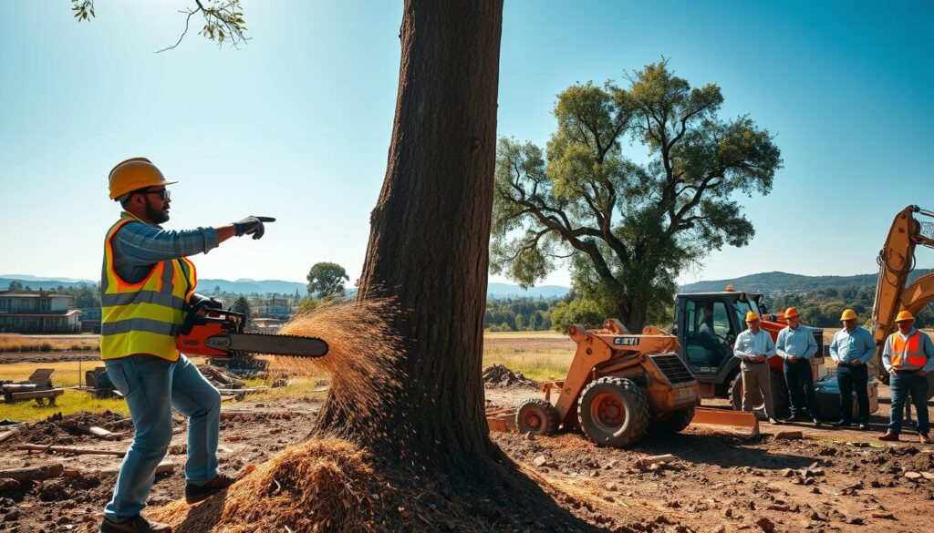 A serene construction site in Centurion, showcasing a tree felling operation. In the foreground, a professional in safety gear—hard hat, gloves, and high-visibility vest—uses a chainsaw to fell a large tree, with wood chips flying around. In the middle ground, various construction equipment like a bobcat and a tree chipper are positioned strategically, while workers in business casual attire maintain a safe distance, observing the operation. The background features distant buildings and lush greenery under a bright blue sky, with soft sunlight casting gentle shadows across the scene. The atmosphere is focused and industrious, reflecting the critical nature of site clearing in development projects. The lens is a wide-angle shot to capture the expansive setting, enhancing the sense of activity and professionalism throughout the operation. A serene construction site in Centurion, showcasing a tree felling operation. In the foreground, a professional in safety gear—hard hat, gloves, and high-visibility vest—uses a chainsaw to fell a large tree, with wood chips flying around. In the middle ground, various construction equipment like a bobcat and a tree chipper are positioned strategically, while workers in business casual attire maintain a safe distance, observing the operation. The background features distant buildings and lush greenery under a bright blue sky, with soft sunlight casting gentle shadows across the scene. The atmosphere is focused and industrious, reflecting the critical nature of site clearing in development projects. The lens is a wide-angle shot to capture the expansive setting, enhancing the sense of activity and professionalism throughout the operation.