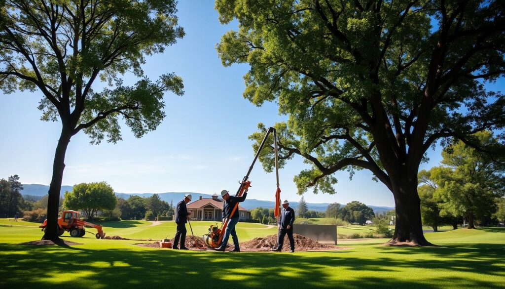 A serene day at Centurion Golf Club, featuring a lush green landscape with carefully manicured fairways and mature trees. In the foreground, a professional team in business attire is actively engaged in a tree felling operation, utilizing specialized equipment. The individuals are focused and precise, ensuring safety protocols are observed. In the middle ground, the iconic clubhouse of Centurion Golf Club can be seen, surrounded by vibrant foliage. The background captures the distant hills under a clear blue sky, with soft sunlight illuminating the scene, creating a warm and productive atmosphere. The angle should be slightly elevated, giving a panoramic view of the worksite while maintaining the beauty of the golf club surroundings. A serene day at Centurion Golf Club, featuring a lush green landscape with carefully manicured fairways and mature trees. In the foreground, a professional team in business attire is actively engaged in a tree felling operation, utilizing specialized equipment. The individuals are focused and precise, ensuring safety protocols are observed. In the middle ground, the iconic clubhouse of Centurion Golf Club can be seen, surrounded by vibrant foliage. The background captures the distant hills under a clear blue sky, with soft sunlight illuminating the scene, creating a warm and productive atmosphere. The angle should be slightly elevated, giving a panoramic view of the worksite while maintaining the beauty of the golf club surroundings.