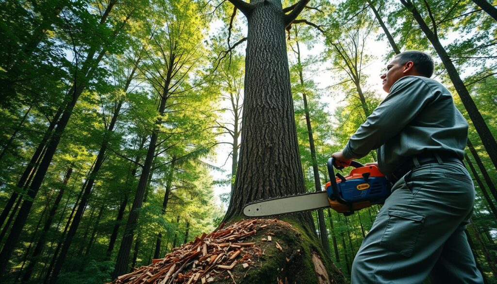 A serene forest scene depicting a professional arborist in modest, casual clothing, operating a chainsaw to fell a large tree. In the foreground, the arborist, focused and diligent, is positioned to the right, capturing the precision and skill of tree felling. In the middle ground, the towering tree, with its thick trunk and lush green foliage, is shown mid-fall, creating a dynamic sense of motion. Splintered wood chips scatter around the base of the trunk. The background features a sun-dappled forest, with light filtering through the leaves, creating a warm and inviting atmosphere. The angle is slightly elevated, showcasing the arborist's expertise while also emphasizing the natural beauty of the environment. Overall, the image conveys a professional and responsible approach to tree management. A serene forest scene depicting a professional arborist in modest, casual clothing, operating a chainsaw to fell a large tree. In the foreground, the arborist, focused and diligent, is positioned to the right, capturing the precision and skill of tree felling. In the middle ground, the towering tree, with its thick trunk and lush green foliage, is shown mid-fall, creating a dynamic sense of motion. Splintered wood chips scatter around the base of the trunk. The background features a sun-dappled forest, with light filtering through the leaves, creating a warm and inviting atmosphere. The angle is slightly elevated, showcasing the arborist's expertise while also emphasizing the natural beauty of the environment. Overall, the image conveys a professional and responsible approach to tree management.