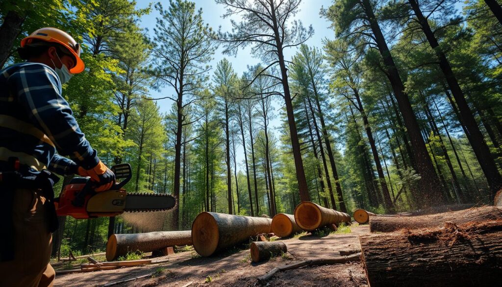 A serene forest scene depicting a professional tree felling operation. In the foreground, a skilled worker in safety gear, including a hard hat and gloves, operates a chainsaw on a large tree, with sawdust flying through the air. The middle ground shows several felled trees, varying in size, neatly arranged for removal, emphasizing the precision of controlled cutting. In the background, lush green trees and a clear blue sky create a calm atmosphere, while shafts of sunlight filter through the leaves, casting dappled shadows on the forest floor. The scene conveys a sense of professionalism and care for the environment, highlighting the importance of proper tree removal services. The image should have natural lighting, captured from a low angle to showcase the towering trees and the worker's focused expression. A serene forest scene depicting a professional tree felling operation. In the foreground, a skilled worker in safety gear, including a hard hat and gloves, operates a chainsaw on a large tree, with sawdust flying through the air. The middle ground shows several felled trees, varying in size, neatly arranged for removal, emphasizing the precision of controlled cutting. In the background, lush green trees and a clear blue sky create a calm atmosphere, while shafts of sunlight filter through the leaves, casting dappled shadows on the forest floor. The scene conveys a sense of professionalism and care for the environment, highlighting the importance of proper tree removal services. The image should have natural lighting, captured from a low angle to showcase the towering trees and the worker's focused expression.