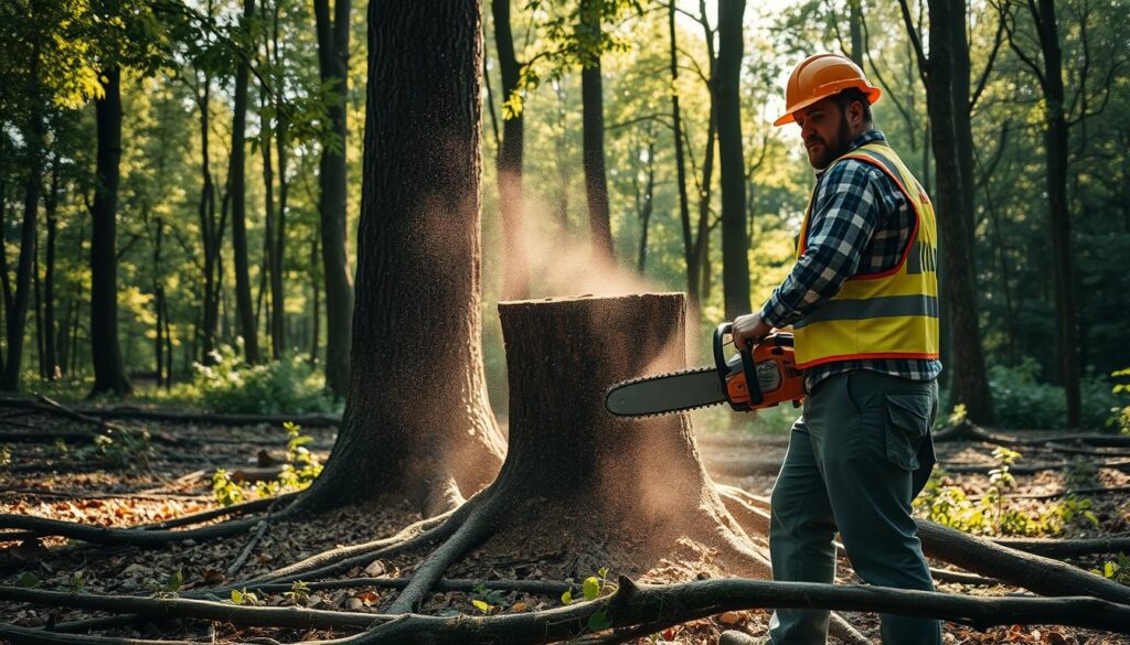 A serene forest scene depicting the process of tree felling in a responsible and careful manner. In the foreground, a professional arborist in safety gear, wearing a hard hat and reflective vest, uses a chainsaw to cut a large tree. The middle ground features the tree partially cut through, with sawdust scattering in the air, while branches are neatly arranged on the forest floor to minimize disturbance. The background shows other trees and lush greenery, with soft, dappled sunlight filtering through the leaves, creating a warm and inviting atmosphere. The angle captures both the arborist's focused expression and the natural beauty surrounding the scene, evoking a sense of professionalism and care in tree management. A serene forest scene depicting the process of tree felling in a responsible and careful manner. In the foreground, a professional arborist in safety gear, wearing a hard hat and reflective vest, uses a chainsaw to cut a large tree. The middle ground features the tree partially cut through, with sawdust scattering in the air, while branches are neatly arranged on the forest floor to minimize disturbance. The background shows other trees and lush greenery, with soft, dappled sunlight filtering through the leaves, creating a warm and inviting atmosphere. The angle captures both the arborist's focused expression and the natural beauty surrounding the scene, evoking a sense of professionalism and care in tree management.
