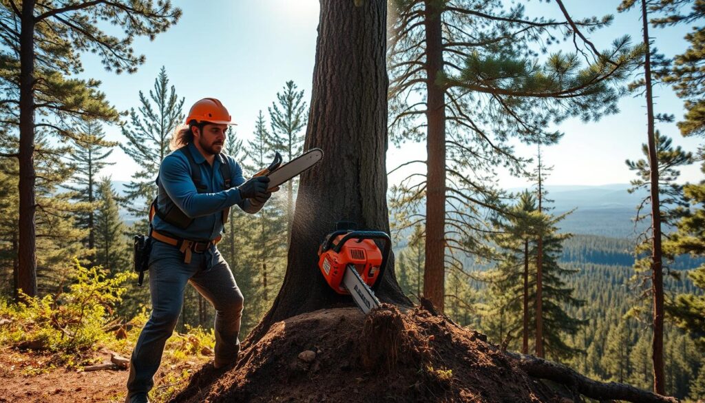 A serene forest scene depicting the process of tree felling. In the foreground, a professional lumberjack in safety gear, with a focused expression, uses a chainsaw to fell a tall, robust tree, with sawdust flying around. The middle ground showcases the tree in the process of tipping over, revealing its roots and dirt being displaced. Surrounding trees are lush and green, with dappled sunlight filtering through the leaves, casting a gentle glow. In the background, a panoramic view of a tranquil forest landscape, with distant mountains and a clear blue sky. The atmosphere is tense yet calm, emphasizing the careful nature of the task. The composition is captured from a slightly lower angle to emphasize the height of the tree, while maintaining clarity of the surrounding environment. A serene forest scene depicting the process of tree felling. In the foreground, a professional lumberjack in safety gear, with a focused expression, uses a chainsaw to fell a tall, robust tree, with sawdust flying around. The middle ground showcases the tree in the process of tipping over, revealing its roots and dirt being displaced. Surrounding trees are lush and green, with dappled sunlight filtering through the leaves, casting a gentle glow. In the background, a panoramic view of a tranquil forest landscape, with distant mountains and a clear blue sky. The atmosphere is tense yet calm, emphasizing the careful nature of the task. The composition is captured from a slightly lower angle to emphasize the height of the tree, while maintaining clarity of the surrounding environment.