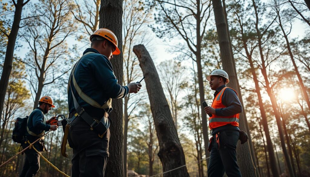A serene forest setting amidst Wierda Park in Centurion, showcasing a professional tree felling operation. In the foreground, a team of three individuals in professional work attire engages in safety techniques, using high-quality equipment. One person inspects the tree with a chainsaw in hand, while another secures safety ropes tied to nearby trees. The third member observes from a safe distance, holding a walkie-talkie. In the middle ground, a partially cut tree leans slightly, demonstrating the complexity of the removal process. The background reveals sun-dappled trees and a clear blue sky, creating a tranquil atmosphere. Illuminated by soft, natural lighting, the scene emphasizes a commitment to safety and precision. The angle captures the operation in action, inviting viewers into this responsible approach to tree felling. A serene forest setting amidst Wierda Park in Centurion, showcasing a professional tree felling operation. In the foreground, a team of three individuals in professional work attire engages in safety techniques, using high-quality equipment. One person inspects the tree with a chainsaw in hand, while another secures safety ropes tied to nearby trees. The third member observes from a safe distance, holding a walkie-talkie. In the middle ground, a partially cut tree leans slightly, demonstrating the complexity of the removal process. The background reveals sun-dappled trees and a clear blue sky, creating a tranquil atmosphere. Illuminated by soft, natural lighting, the scene emphasizes a commitment to safety and precision. The angle captures the operation in action, inviting viewers into this responsible approach to tree felling.