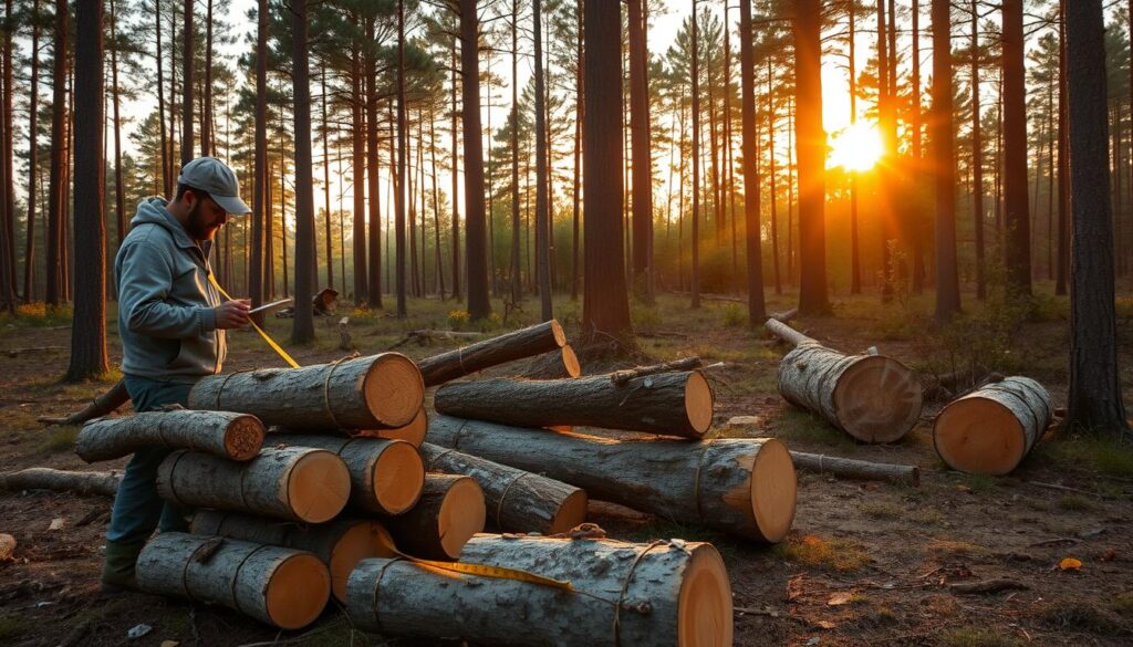 A serene forest setting in Eldoraigne, with a focus on several freshly felled trees lying on the ground. In the foreground, a professional tree feller in modest casual work attire analyzes a stack of logs, using a measuring tape to determine their lengths. The middle ground features a partially cleared wooded area, showcasing the contrast between the standing trees and the section that has been harvested, emphasizing the process of tree felling. In the background, the sun is setting, casting warm, golden light through the trees, creating elongated shadows and illuminating the natural textures of the bark and leaves. A few faint, colorful wildflowers can be seen subtly nestled among the foliage, adding life to the scene. The overall mood is peaceful yet industrious, highlighting the balance between nature and responsible tree felling practices. A serene forest setting in Eldoraigne, with a focus on several freshly felled trees lying on the ground. In the foreground, a professional tree feller in modest casual work attire analyzes a stack of logs, using a measuring tape to determine their lengths. The middle ground features a partially cleared wooded area, showcasing the contrast between the standing trees and the section that has been harvested, emphasizing the process of tree felling. In the background, the sun is setting, casting warm, golden light through the trees, creating elongated shadows and illuminating the natural textures of the bark and leaves. A few faint, colorful wildflowers can be seen subtly nestled among the foliage, adding life to the scene. The overall mood is peaceful yet industrious, highlighting the balance between nature and responsible tree felling practices.