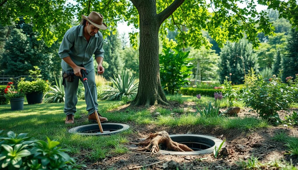 A serene garden scene featuring a professional gardener in modest casual clothing carefully using a root removal tool near a tree. In the foreground, show the gardener focused on a drain access point surrounded by lush greenery. The middle ground reveals roots visibly extending toward the drain, with one section being expertly cut away to illustrate the removal process. In the background, a variety of well-maintained plants and flowers provide a tranquil atmosphere, and soft, natural sunlight filters through the tree leaves, creating dappled shadows on the ground. The overall mood is calm and professional, emphasizing efficiency and care in the root removal technique while minimizing disruption to the surrounding garden. A serene garden scene featuring a professional gardener in modest casual clothing carefully using a root removal tool near a tree. In the foreground, show the gardener focused on a drain access point surrounded by lush greenery. The middle ground reveals roots visibly extending toward the drain, with one section being expertly cut away to illustrate the removal process. In the background, a variety of well-maintained plants and flowers provide a tranquil atmosphere, and soft, natural sunlight filters through the tree leaves, creating dappled shadows on the ground. The overall mood is calm and professional, emphasizing efficiency and care in the root removal technique while minimizing disruption to the surrounding garden.