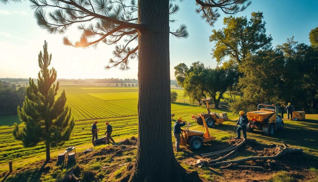 A serene landscape depicting a professional tree-felling crew at work in Irene, Centurion. In the foreground, a skilled arborist using a chainsaw on a large, mature tree with a focus on safety equipment and protective attire, surrounded by pine and oak trees. In the middle ground, additional crew members are skillfully coordinating, with a chipping machine and tools arranged neatly. In the background, a lush green farm extends into the horizon, accented by a clear blue sky with soft, diffused sunlight bathing the scene in a warm glow. The mood is industrious yet peaceful, capturing the expertise of tree felling services provided by the team. A serene landscape depicting a professional tree-felling crew at work in Irene, Centurion. In the foreground, a skilled arborist using a chainsaw on a large, mature tree with a focus on safety equipment and protective attire, surrounded by pine and oak trees. In the middle ground, additional crew members are skillfully coordinating, with a chipping machine and tools arranged neatly. In the background, a lush green farm extends into the horizon, accented by a clear blue sky with soft, diffused sunlight bathing the scene in a warm glow. The mood is industrious yet peaceful, capturing the expertise of tree felling services provided by the team.