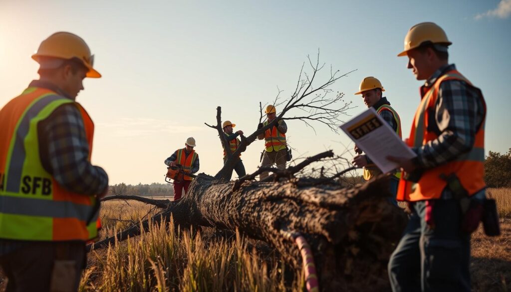 A serene landscape depicting a team of professionals in safety gear, strategically positioned around a fallen tree. In the foreground, a worker in a helmet and reflective vest examines the tree, demonstrating caution and expertise. In the middle ground, another professional using a chainsaw safely and seemingly effectively removes branches, while a third person holds a safety guide and maintains vigilant oversight. In the background, a clear blue sky with soft sunlight casts a warm glow, creating an optimistic atmosphere. The scene exemplifies safety protocols, teamwork, and compliance in action. The image captures a sense of reliability and professionalism, showcasing the importance of safety in tree removal. A serene landscape depicting a team of professionals in safety gear, strategically positioned around a fallen tree. In the foreground, a worker in a helmet and reflective vest examines the tree, demonstrating caution and expertise. In the middle ground, another professional using a chainsaw safely and seemingly effectively removes branches, while a third person holds a safety guide and maintains vigilant oversight. In the background, a clear blue sky with soft sunlight casts a warm glow, creating an optimistic atmosphere. The scene exemplifies safety protocols, teamwork, and compliance in action. The image captures a sense of reliability and professionalism, showcasing the importance of safety in tree removal.