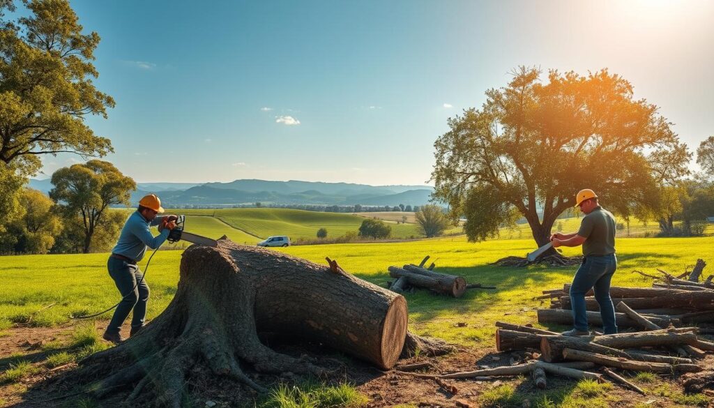 A serene landscape depicting a tree felling site in Irene, Centurion. In the foreground, skilled workers in professional attire are using chainsaws and axes to carefully fell a large, healthy tree, showcasing their expertise and safety measures. The middle ground features cut logs and tree branches piled neatly, illustrating the aftermath of felling. The background is a lush, green field with distant rolling hills under a clear blue sky, emphasizing the natural beauty of the area. The lighting is warm and inviting with soft sunlight filtering through the trees, creating a tranquil and professional atmosphere. The overall mood reflects diligence and responsibility in tree management, inviting viewers to understand the nuances of tree felling prices. A serene landscape depicting a tree felling site in Irene, Centurion. In the foreground, skilled workers in professional attire are using chainsaws and axes to carefully fell a large, healthy tree, showcasing their expertise and safety measures. The middle ground features cut logs and tree branches piled neatly, illustrating the aftermath of felling. The background is a lush, green field with distant rolling hills under a clear blue sky, emphasizing the natural beauty of the area. The lighting is warm and inviting with soft sunlight filtering through the trees, creating a tranquil and professional atmosphere. The overall mood reflects diligence and responsibility in tree management, inviting viewers to understand the nuances of tree felling prices.