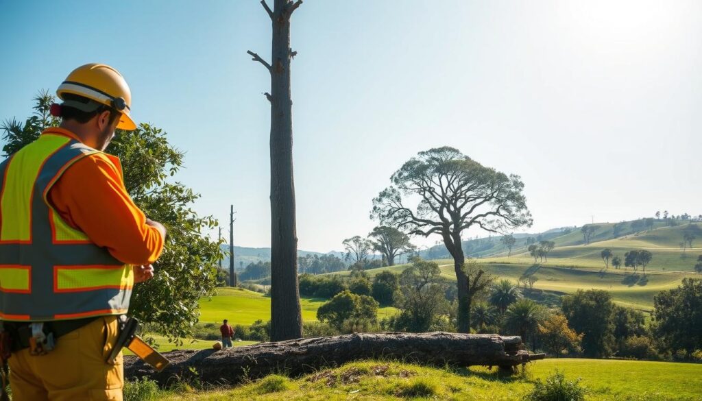 A serene landscape depicting tree felling hazards in Centurion, focusing on the area near Centurion Golf Club and the Hennops River corridor. In the foreground, a worker in professional safety attire examines a fallen tree with visible caution signs and equipment, emphasizing safety standards. The middle ground features towering trees, some marked for felling, while others remain intact, showcasing their majestic forms. The background reveals the lush green of the golf course with soft rolling hills, under a bright, clear blue sky, illuminated by warm sunlight. The atmosphere feels calm yet alert, underscoring the importance of safety in tree work. Capture the scene from a slightly elevated angle to provide depth while highlighting the potential hazards. A serene landscape depicting tree felling hazards in Centurion, focusing on the area near Centurion Golf Club and the Hennops River corridor. In the foreground, a worker in professional safety attire examines a fallen tree with visible caution signs and equipment, emphasizing safety standards. The middle ground features towering trees, some marked for felling, while others remain intact, showcasing their majestic forms. The background reveals the lush green of the golf course with soft rolling hills, under a bright, clear blue sky, illuminated by warm sunlight. The atmosphere feels calm yet alert, underscoring the importance of safety in tree work. Capture the scene from a slightly elevated angle to provide depth while highlighting the potential hazards.