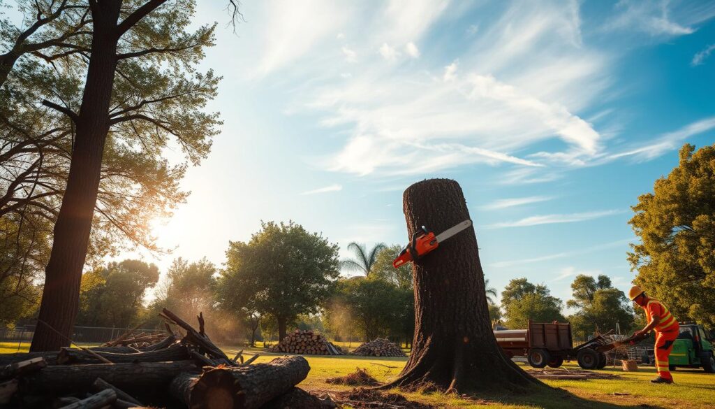 A serene landscape in Centurion showcasing a professional tree removal service in action. In the foreground, a skilled worker in professional attire operates a chainsaw, carefully felling a large tree. The worker displays focused concentration, embodying safety and expertise. In the middle ground, piles of cut branches and logs are organized, illustrating efficient site clearance. Surrounding trees are lush and green, contrasting the ongoing work. In the background, a clear blue sky with soft, diffused sunlight casts a warm glow over the scene, enhancing the overall atmosphere of a productive day. The environment feels tranquil yet dynamic, embodying the commitment to safety and efficiency in tree removal services. No text or watermarks are present. A serene landscape in Centurion showcasing a professional tree removal service in action. In the foreground, a skilled worker in professional attire operates a chainsaw, carefully felling a large tree. The worker displays focused concentration, embodying safety and expertise. In the middle ground, piles of cut branches and logs are organized, illustrating efficient site clearance. Surrounding trees are lush and green, contrasting the ongoing work. In the background, a clear blue sky with soft, diffused sunlight casts a warm glow over the scene, enhancing the overall atmosphere of a productive day. The environment feels tranquil yet dynamic, embodying the commitment to safety and efficiency in tree removal services. No text or watermarks are present.