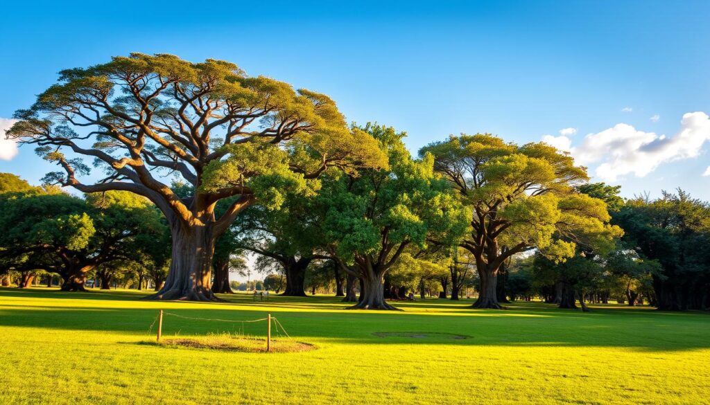 A serene landscape in Tshwane showcasing protected trees, featuring a variety of indigenous species such as the impressive baobab and sturdy yellowwood. In the foreground, a vibrant green grassy area with a small wooden fence indicating the protection zone. In the middle ground, a diverse group of healthy trees, their thick trunks and expansive canopies symbolizing resilience and life, with soft sunlight filtering through the leaves. The background features a clear blue sky with a few fluffy clouds, adding to the tranquility of the scene. The light is warm and inviting, creating a peaceful atmosphere, perfect for emphasizing the importance of tree protection laws in the area. The composition should be from a slightly elevated angle, showcasing the rich detail of the tree bark and the interplay of shadows on the ground. A serene landscape in Tshwane showcasing protected trees, featuring a variety of indigenous species such as the impressive baobab and sturdy yellowwood. In the foreground, a vibrant green grassy area with a small wooden fence indicating the protection zone. In the middle ground, a diverse group of healthy trees, their thick trunks and expansive canopies symbolizing resilience and life, with soft sunlight filtering through the leaves. The background features a clear blue sky with a few fluffy clouds, adding to the tranquility of the scene. The light is warm and inviting, creating a peaceful atmosphere, perfect for emphasizing the importance of tree protection laws in the area. The composition should be from a slightly elevated angle, showcasing the rich detail of the tree bark and the interplay of shadows on the ground.