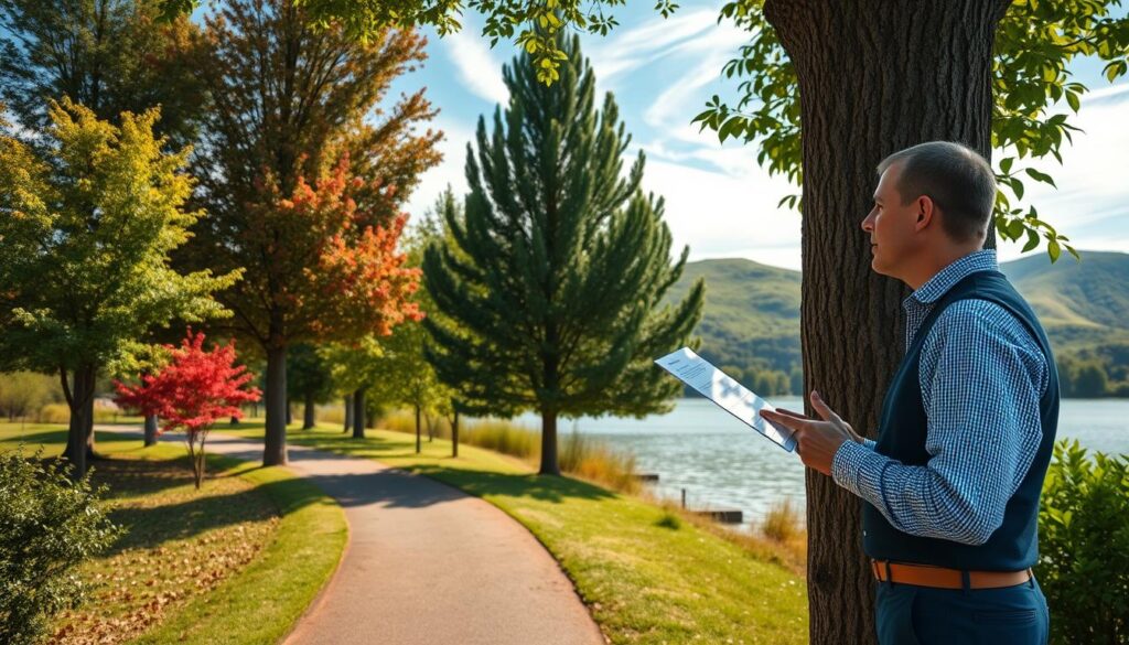 A serene landscape of Centurion Lake, showcasing a variety of vibrant trees, including native species with dense foliage. In the foreground, a section of a well-maintained pathway lined with trees, hinting at the local tree removal regulations. A knowledgeable professional, dressed in a smart-casual outfit, examines a tree, gesturing at an official-looking document, symbolizing the guidance needed for tree care. The middle ground features a tranquil lake reflecting the bright blue sky and wispy clouds, with occasional ripples from gentle breezes. The background captures lush green hills under warm sunlight, creating a calm and informative atmosphere. The image is framed with a soft focus technique, emphasizing the trees and the engaged professional. The overall mood is educational yet peaceful, perfect for understanding tree management in Centurion. A serene landscape of Centurion Lake, showcasing a variety of vibrant trees, including native species with dense foliage. In the foreground, a section of a well-maintained pathway lined with trees, hinting at the local tree removal regulations. A knowledgeable professional, dressed in a smart-casual outfit, examines a tree, gesturing at an official-looking document, symbolizing the guidance needed for tree care. The middle ground features a tranquil lake reflecting the bright blue sky and wispy clouds, with occasional ripples from gentle breezes. The background captures lush green hills under warm sunlight, creating a calm and informative atmosphere. The image is framed with a soft focus technique, emphasizing the trees and the engaged professional. The overall mood is educational yet peaceful, perfect for understanding tree management in Centurion.