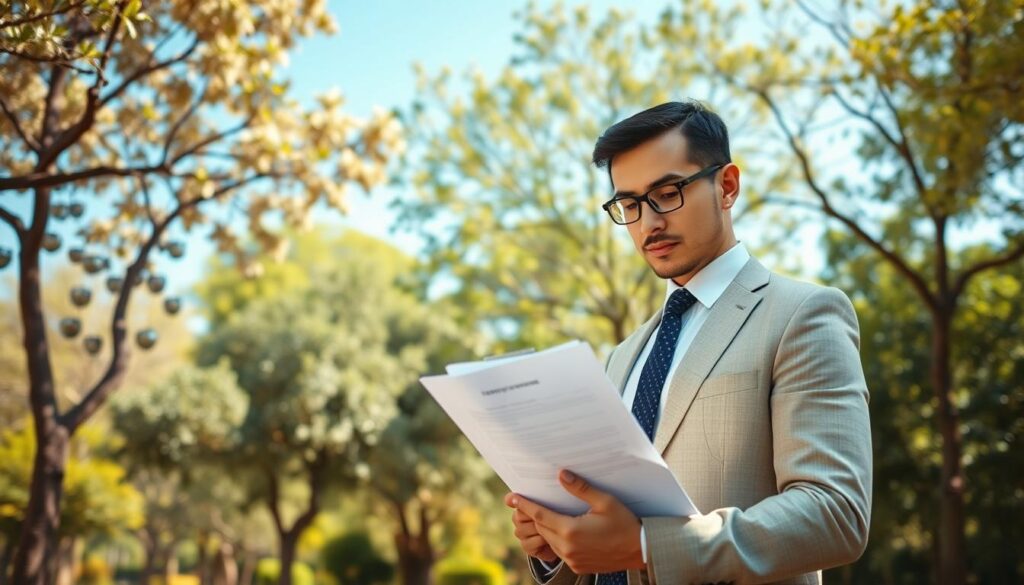 A serene outdoor scene depicting a professional, well-dressed individual examining a tree felling permission document amidst a tranquil park setting in Centurion. In the foreground, the person holds a clipboard, appearing diligent and solution-oriented. The middle ground features a variety of trees, showcasing both mature and young species, symbolizing the ecological balance. The background includes clear blue skies with soft, diffused sunlight filtering through the leaves, creating a peaceful atmosphere. The lens should be focused to capture a warm, inviting mood, emphasizing the tranquility of nature and the importance of responsible tree management. The angle should showcase the individual interacting with the environment, highlighting the theme of legality and conservation in tree felling. A serene outdoor scene depicting a professional, well-dressed individual examining a tree felling permission document amidst a tranquil park setting in Centurion. In the foreground, the person holds a clipboard, appearing diligent and solution-oriented. The middle ground features a variety of trees, showcasing both mature and young species, symbolizing the ecological balance. The background includes clear blue skies with soft, diffused sunlight filtering through the leaves, creating a peaceful atmosphere. The lens should be focused to capture a warm, inviting mood, emphasizing the tranquility of nature and the importance of responsible tree management. The angle should showcase the individual interacting with the environment, highlighting the theme of legality and conservation in tree felling.