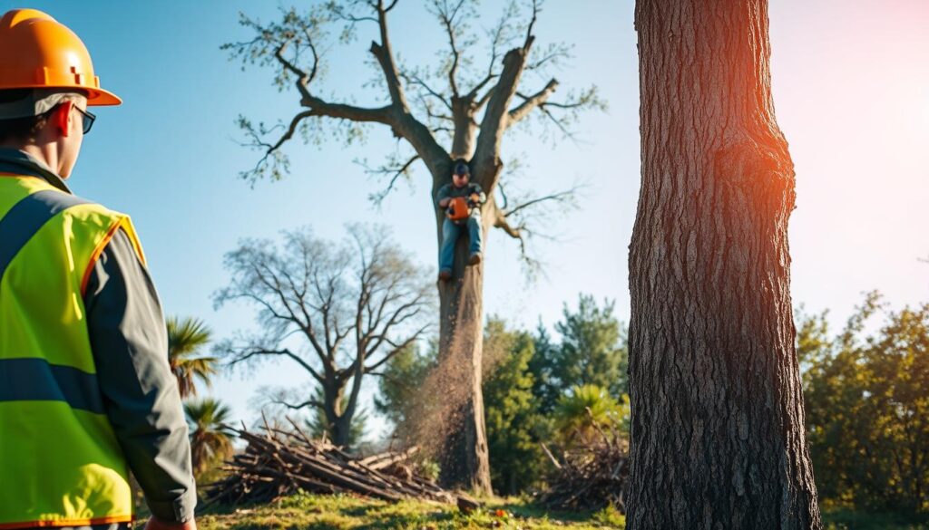 A serene outdoor scene depicting the process of tree felling, with a focus on an old, diseased fruit tree in the foreground. A skilled arborist in professional safety gear, including a hard hat and safety vest, carefully assesses the tree from a safe distance. In the middle ground, a chainsaw operator is in action, cutting down the tree with precision, while branches and debris are scattered around. The background features a clear blue sky and other healthy trees, emphasizing the importance of selective removal. Soft, natural lighting highlights the textures of the bark and foliage, creating a calm yet respectful atmosphere. The image captures the essence of a safe and thorough removal process. A serene outdoor scene depicting the process of tree felling, with a focus on an old, diseased fruit tree in the foreground. A skilled arborist in professional safety gear, including a hard hat and safety vest, carefully assesses the tree from a safe distance. In the middle ground, a chainsaw operator is in action, cutting down the tree with precision, while branches and debris are scattered around. The background features a clear blue sky and other healthy trees, emphasizing the importance of selective removal. Soft, natural lighting highlights the textures of the bark and foliage, creating a calm yet respectful atmosphere. The image captures the essence of a safe and thorough removal process.