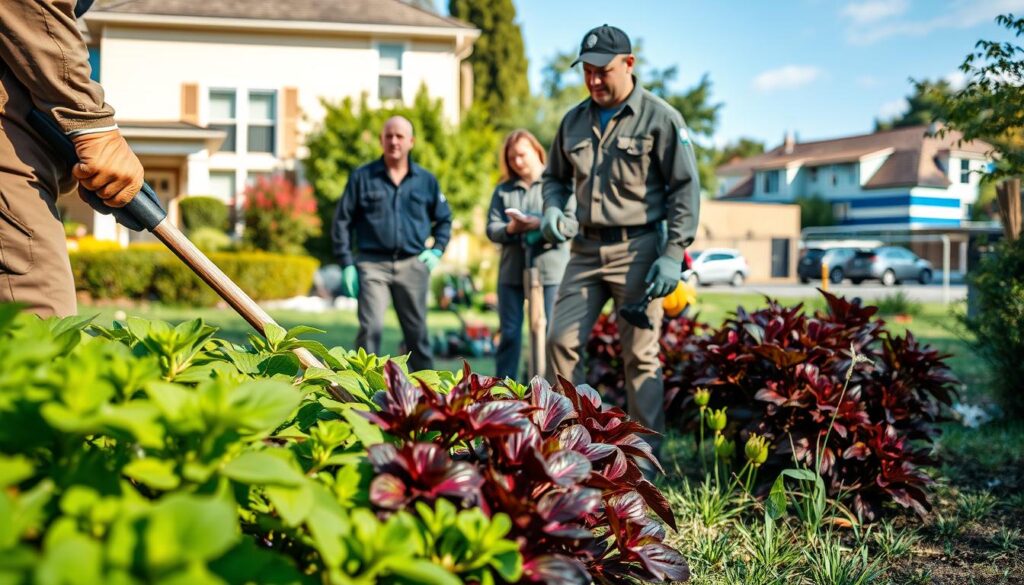 A serene outdoor scene showcasing a professional team of plant removal specialists in action, dressed in modest work attire. In the foreground, focus on a determined technician using specialized tools to uproot invasive plants with vibrant colors, such as bright green and deep purple foliage. The middle ground captures additional team members discussing a removal strategy while examining a large, invasive plant species. In the background, a well-maintained residential garden and a commercial site are visible, demonstrating the contrast between the invasive plants and the healthy landscape. Soft, natural lighting enhances the scene, casting gentle shadows, with a clear blue sky overhead. The image conveys a sense of professionalism, diligence, and environmental stewardship. A serene outdoor scene showcasing a professional team of plant removal specialists in action, dressed in modest work attire. In the foreground, focus on a determined technician using specialized tools to uproot invasive plants with vibrant colors, such as bright green and deep purple foliage. The middle ground captures additional team members discussing a removal strategy while examining a large, invasive plant species. In the background, a well-maintained residential garden and a commercial site are visible, demonstrating the contrast between the invasive plants and the healthy landscape. Soft, natural lighting enhances the scene, casting gentle shadows, with a clear blue sky overhead. The image conveys a sense of professionalism, diligence, and environmental stewardship.