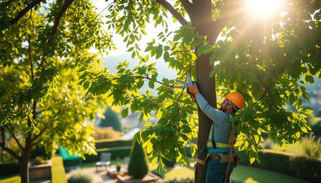 A serene outdoor scene showcasing a skilled arborist trimming a large, leafy tree using professional tools. In the foreground, focus on the arborist, dressed in professional attire with safety gear, carefully using pruning shears to remove excess branches. The middle ground features the lush, green tree with sunlight filtering through its leaves, highlighting freshly cut branches. In the background, a suburban garden and gentle slopes create a picturesque landscape. Soft sunlight bathes the scene in a warm glow, evoking a sense of calm and professionalism. Use a slightly elevated angle to capture the height of the tree and the expertise of the arborist. The atmosphere should be peaceful, emphasizing the importance of tree maintenance for safety and tidiness. A serene outdoor scene showcasing a skilled arborist trimming a large, leafy tree using professional tools. In the foreground, focus on the arborist, dressed in professional attire with safety gear, carefully using pruning shears to remove excess branches. The middle ground features the lush, green tree with sunlight filtering through its leaves, highlighting freshly cut branches. In the background, a suburban garden and gentle slopes create a picturesque landscape. Soft sunlight bathes the scene in a warm glow, evoking a sense of calm and professionalism. Use a slightly elevated angle to capture the height of the tree and the expertise of the arborist. The atmosphere should be peaceful, emphasizing the importance of tree maintenance for safety and tidiness.