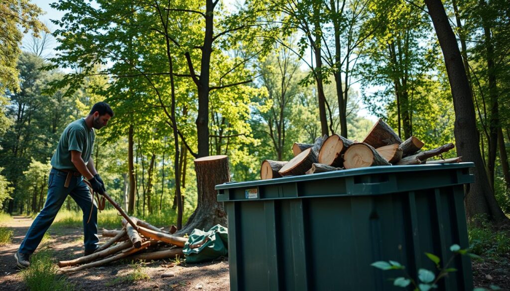 A serene outdoor scene showcasing eco-aware disposal practices in a forested area. In the foreground, a professional tree feller in modest casual clothing is seen carefully stacking fallen branches and wood scraps into a designated compost bin. In the middle, there are vibrant green trees, with a few freshly cut tree stumps showing clean cuts, emphasizing sustainable practices. The background features a sunny, blue sky filtering through the leaves, casting dappled light on the ground, creating a warm and inviting atmosphere. The overall mood is responsible and conscientious, highlighting the importance of professional tree felling while promoting eco-friendly disposal methods. Use a wide-angle lens to capture the expanse of the forest and ensure the lighting enhances the greenery. A serene outdoor scene showcasing eco-aware disposal practices in a forested area. In the foreground, a professional tree feller in modest casual clothing is seen carefully stacking fallen branches and wood scraps into a designated compost bin. In the middle, there are vibrant green trees, with a few freshly cut tree stumps showing clean cuts, emphasizing sustainable practices. The background features a sunny, blue sky filtering through the leaves, casting dappled light on the ground, creating a warm and inviting atmosphere. The overall mood is responsible and conscientious, highlighting the importance of professional tree felling while promoting eco-friendly disposal methods. Use a wide-angle lens to capture the expanse of the forest and ensure the lighting enhances the greenery.