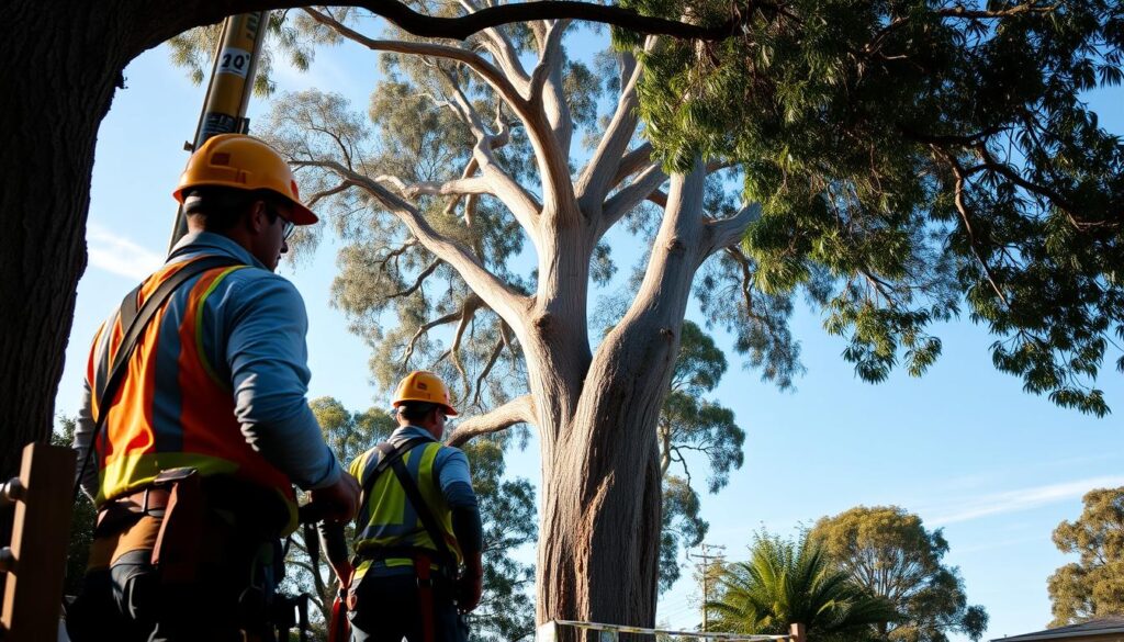 A serene outdoor setting showcasing a professional tree removal team working on a Blue Gum tree. In the foreground, a well-equipped crew in professional safety gear, including helmets and harnesses, carefully assesses the tree for removal, emphasizing safety and compliance. In the middle ground, the towering Blue Gum tree stands prominently, showcasing its beauty while displaying safety measures in place, such as caution tape and signage. The background features a clear blue sky, with soft natural lighting casting gentle shadows, enhancing the feeling of a safe and controlled environment. The atmosphere is calm and focused, representing peace of mind in the tree removal process, highlighting the importance of safety, compliance, and professionalism. A serene outdoor setting showcasing a professional tree removal team working on a Blue Gum tree. In the foreground, a well-equipped crew in professional safety gear, including helmets and harnesses, carefully assesses the tree for removal, emphasizing safety and compliance. In the middle ground, the towering Blue Gum tree stands prominently, showcasing its beauty while displaying safety measures in place, such as caution tape and signage. The background features a clear blue sky, with soft natural lighting casting gentle shadows, enhancing the feeling of a safe and controlled environment. The atmosphere is calm and focused, representing peace of mind in the tree removal process, highlighting the importance of safety, compliance, and professionalism.