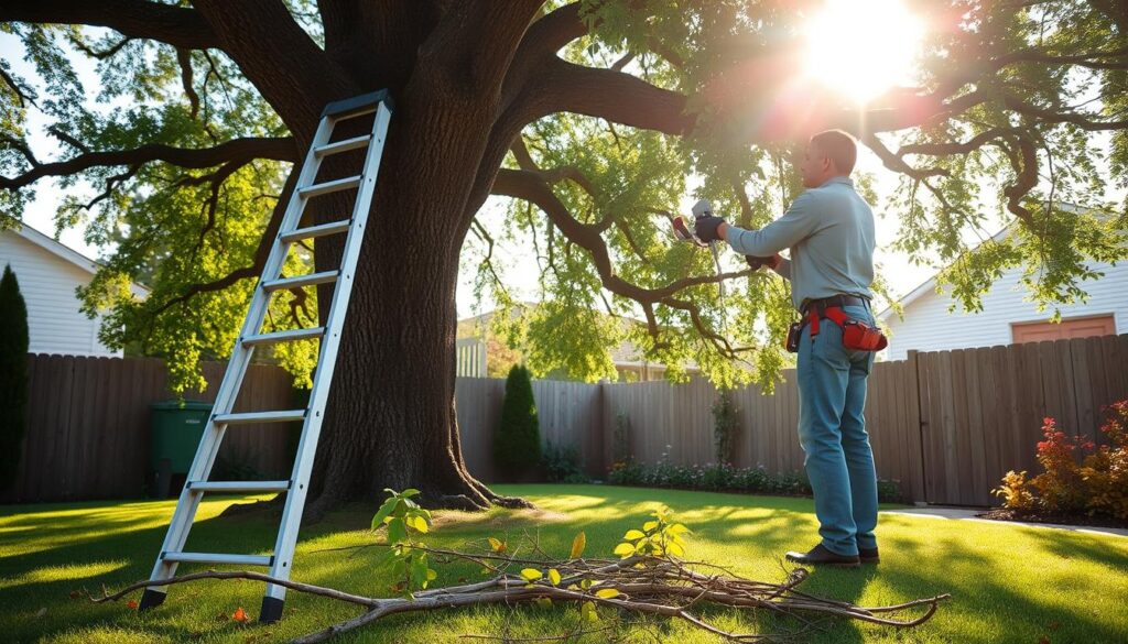 A serene residential backyard setting during early morning, showcasing a professional tree trimmer in modest casual clothing carefully pruning a large, lush oak tree. In the foreground, a sturdy ladder leans against the tree, with branches and green leaves scattered on the grass below. In the middle ground, the tree trimmer is focused on removing overgrown branches, with sunlight filtering through the leaves, creating a dappled light effect. The background features a well-maintained garden with colorful flowers and a small wooden fence, enhancing the peaceful ambiance. The overall mood is calm and productive, emphasizing the importance of tree maintenance and care. The angle captures both the tree trimmer’s concentration and the beauty of the surroundings, ensuring a clear and illustrative depiction of tree trimming. A serene residential backyard setting during early morning, showcasing a professional tree trimmer in modest casual clothing carefully pruning a large, lush oak tree. In the foreground, a sturdy ladder leans against the tree, with branches and green leaves scattered on the grass below. In the middle ground, the tree trimmer is focused on removing overgrown branches, with sunlight filtering through the leaves, creating a dappled light effect. The background features a well-maintained garden with colorful flowers and a small wooden fence, enhancing the peaceful ambiance. The overall mood is calm and productive, emphasizing the importance of tree maintenance and care. The angle captures both the tree trimmer’s concentration and the beauty of the surroundings, ensuring a clear and illustrative depiction of tree trimming.