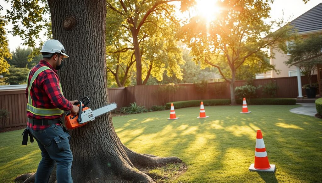 A serene residential property in Eldoraigne, Centurion, showcasing a safe and responsible tree felling operation. In the foreground, a skilled professional in a hard hat and safety gear expertly operates a chainsaw, attentively inspecting a sturdy tree while ensuring proper safety protocols. The middle ground features a well-maintained lawn with strategically placed safety cones, highlighting a commitment to care during the felling process. In the background, gentle sunlight filters through the lush foliage, creating a warm and inviting atmosphere. The scene captures a sense of trust and security in property care, emphasizing responsible work and compliance with safety standards. The composition should have a clear and balanced perspective, with soft lighting to enhance the peaceful mood of the environment. A serene residential property in Eldoraigne, Centurion, showcasing a safe and responsible tree felling operation. In the foreground, a skilled professional in a hard hat and safety gear expertly operates a chainsaw, attentively inspecting a sturdy tree while ensuring proper safety protocols. The middle ground features a well-maintained lawn with strategically placed safety cones, highlighting a commitment to care during the felling process. In the background, gentle sunlight filters through the lush foliage, creating a warm and inviting atmosphere. The scene captures a sense of trust and security in property care, emphasizing responsible work and compliance with safety standards. The composition should have a clear and balanced perspective, with soft lighting to enhance the peaceful mood of the environment.