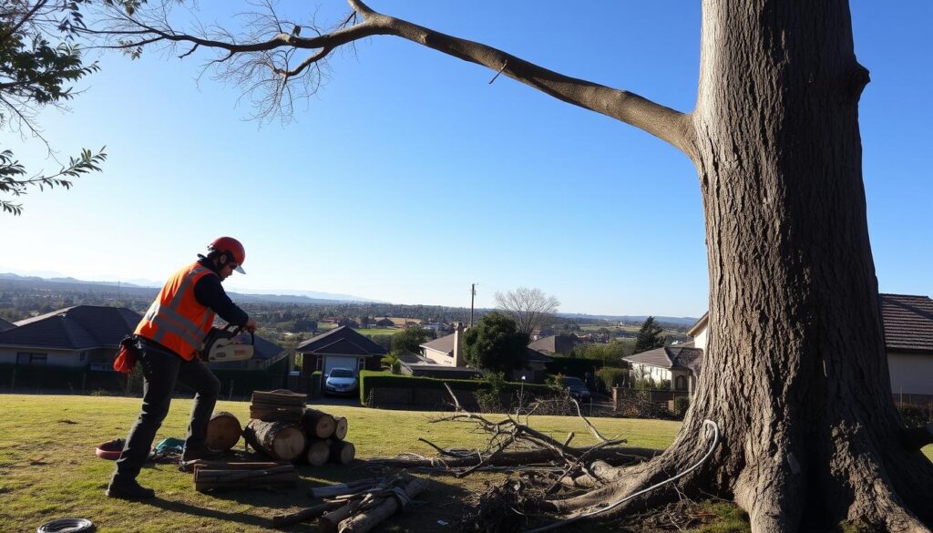 A serene residential scene in Raslouw AH, Centurion, focusing on professional tree felling. In the foreground, a skilled arborist in a bright orange safety vest and helmet operates a chainsaw, expertly cutting through the trunk of a large eucalyptus tree. The middle layer shows stacked logs and scattered branches, with tools like a rope and harness elegantly arranged nearby. In the background, a picturesque suburban landscape reveals well-maintained homes and lush greenery under a clear blue sky. Soft afternoon sunlight casts gentle shadows, creating a warm, inviting atmosphere. The angle is slightly elevated, providing a clear view of the scene, highlighting safety and skill in tree felling, while ensuring a natural, peaceful ambiance. A serene residential scene in Raslouw AH, Centurion, focusing on professional tree felling. In the foreground, a skilled arborist in a bright orange safety vest and helmet operates a chainsaw, expertly cutting through the trunk of a large eucalyptus tree. The middle layer shows stacked logs and scattered branches, with tools like a rope and harness elegantly arranged nearby. In the background, a picturesque suburban landscape reveals well-maintained homes and lush greenery under a clear blue sky. Soft afternoon sunlight casts gentle shadows, creating a warm, inviting atmosphere. The angle is slightly elevated, providing a clear view of the scene, highlighting safety and skill in tree felling, while ensuring a natural, peaceful ambiance.