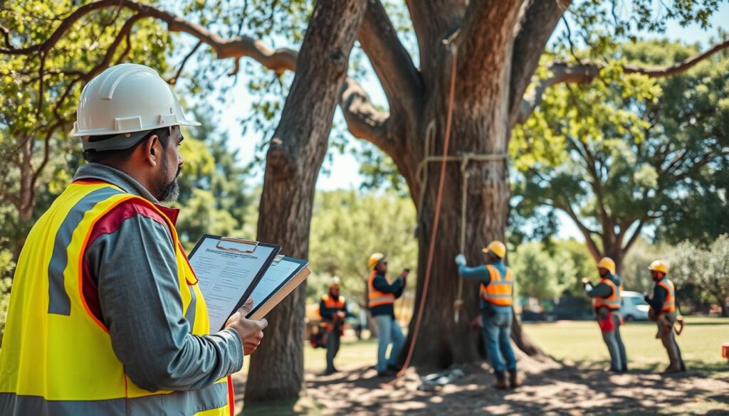 A serene scene of a professional arborist, dressed in a bright safety vest and hard hat, meticulously inspecting a large tree in a well-maintained urban park in Centurion, Tshwane. In the foreground, the arborist examines the tree's trunk and branches, holding a clipboard with safety regulations visible. In the middle ground, a team of workers in helmets and protective gear prepares to safely fell a tree, using proper equipment such as ropes and saws, demonstrating legal protocols. The background features lush greenery, with a clear blue sky ensuring a bright and safe atmosphere. Soft, natural lighting casts gentle shadows, enhancing the focus on the teamwork and adherence to safety and environmental considerations. The overall mood is one of professionalism, collaboration, and respect for nature. A serene scene of a professional arborist, dressed in a bright safety vest and hard hat, meticulously inspecting a large tree in a well-maintained urban park in Centurion, Tshwane. In the foreground, the arborist examines the tree's trunk and branches, holding a clipboard with safety regulations visible. In the middle ground, a team of workers in helmets and protective gear prepares to safely fell a tree, using proper equipment such as ropes and saws, demonstrating legal protocols. The background features lush greenery, with a clear blue sky ensuring a bright and safe atmosphere. Soft, natural lighting casts gentle shadows, enhancing the focus on the teamwork and adherence to safety and environmental considerations. The overall mood is one of professionalism, collaboration, and respect for nature.
