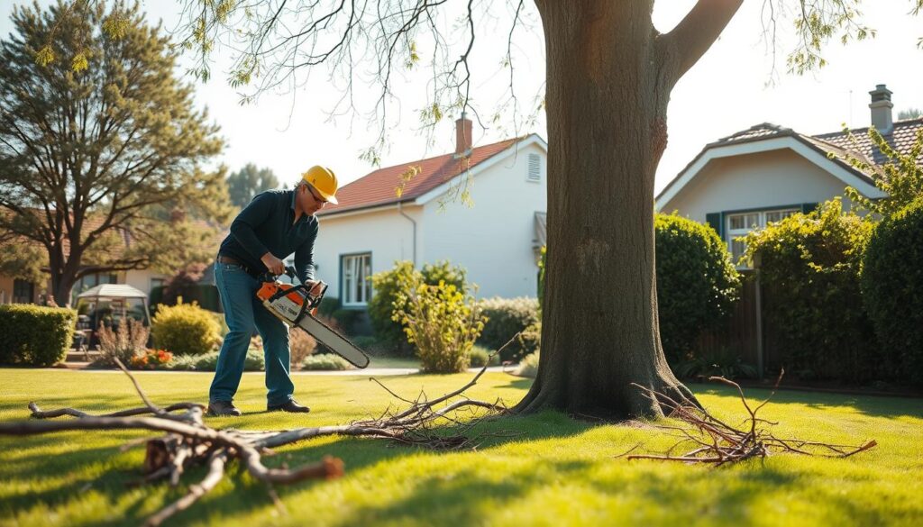 A serene scene of local tree care in a suburban setting, showcasing a skilled arborist in smart casual clothing, working carefully on a large, healthy tree with a chainsaw. In the foreground, the arborist is positioned, demonstrating safe felling techniques, with protective gear visible. The middle ground reveals freshly cut branches and a well-manicured lawn, emphasizing the care taken in the process. The background features a charming Irene home and some smallholdings, with lush greenery under a bright, clear sky, suggesting a sunny afternoon. The atmosphere is calm and professional, conveying the essence of community-focused, safe tree work. Soft natural lighting enhances the tranquility of the environment, while a shallow depth of field subtly blurs the background elements, keeping the focus on the arborist's careful actions. A serene scene of local tree care in a suburban setting, showcasing a skilled arborist in smart casual clothing, working carefully on a large, healthy tree with a chainsaw. In the foreground, the arborist is positioned, demonstrating safe felling techniques, with protective gear visible. The middle ground reveals freshly cut branches and a well-manicured lawn, emphasizing the care taken in the process. The background features a charming Irene home and some smallholdings, with lush greenery under a bright, clear sky, suggesting a sunny afternoon. The atmosphere is calm and professional, conveying the essence of community-focused, safe tree work. Soft natural lighting enhances the tranquility of the environment, while a shallow depth of field subtly blurs the background elements, keeping the focus on the arborist's careful actions.