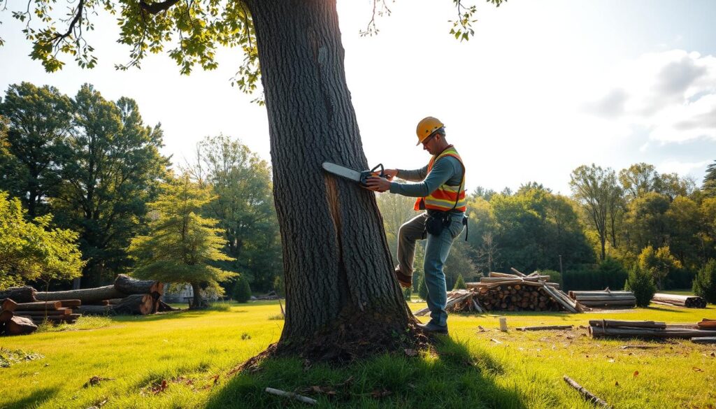 A serene scene of tree felling in a lush, green landscape. In the foreground, a skilled tree removal professional wearing safety gear is using a chainsaw to carefully cut down a large, old military-style tree, showcasing precise techniques. The middle ground reveals other trees, some already felled, with exposed roots and lumber stacked neatly, reflecting an organized worksite. The background features a tranquil setting with patches of sunlight filtering through the remaining trees, casting a warm golden glow. The sky is bright with a few fluffy clouds, suggesting a peaceful day. The atmosphere is professional and focused, illustrating the trusted and meticulous approach to tree felling in Valhalla properties. A serene scene of tree felling in a lush, green landscape. In the foreground, a skilled tree removal professional wearing safety gear is using a chainsaw to carefully cut down a large, old military-style tree, showcasing precise techniques. The middle ground reveals other trees, some already felled, with exposed roots and lumber stacked neatly, reflecting an organized worksite. The background features a tranquil setting with patches of sunlight filtering through the remaining trees, casting a warm golden glow. The sky is bright with a few fluffy clouds, suggesting a peaceful day. The atmosphere is professional and focused, illustrating the trusted and meticulous approach to tree felling in Valhalla properties.
