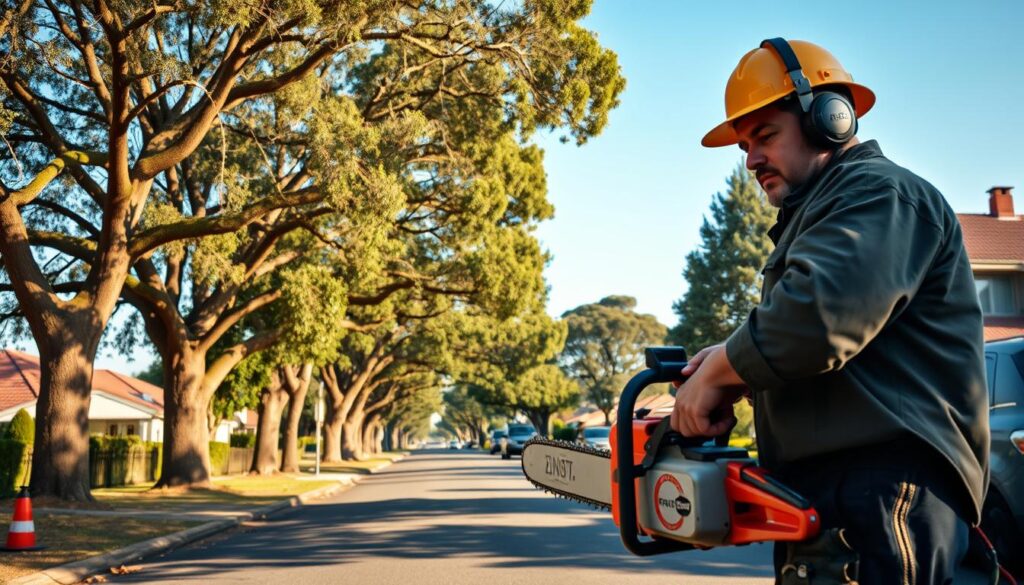 A serene street scene in Centurion, South Africa, demonstrating local access for emergency tree removal. In the foreground, a skilled arborist in professional attire operates a chainsaw, focus on their concentrated expression. The middle ground showcases large, mature trees lining the road, some with visible signs of damage or fallen branches, indicating the urgent need for removal. In the background, there are suburban homes and a clear blue sky, emphasizing a calm yet serious atmosphere. The lighting is warm and inviting, capturing the essence of a sunny day, while creating soft shadows to add depth. The image is framed at a slight angle to enhance perspective, highlighting the accessibility challenges in a residential area. A serene street scene in Centurion, South Africa, demonstrating local access for emergency tree removal. In the foreground, a skilled arborist in professional attire operates a chainsaw, focus on their concentrated expression. The middle ground showcases large, mature trees lining the road, some with visible signs of damage or fallen branches, indicating the urgent need for removal. In the background, there are suburban homes and a clear blue sky, emphasizing a calm yet serious atmosphere. The lighting is warm and inviting, capturing the essence of a sunny day, while creating soft shadows to add depth. The image is framed at a slight angle to enhance perspective, highlighting the accessibility challenges in a residential area.